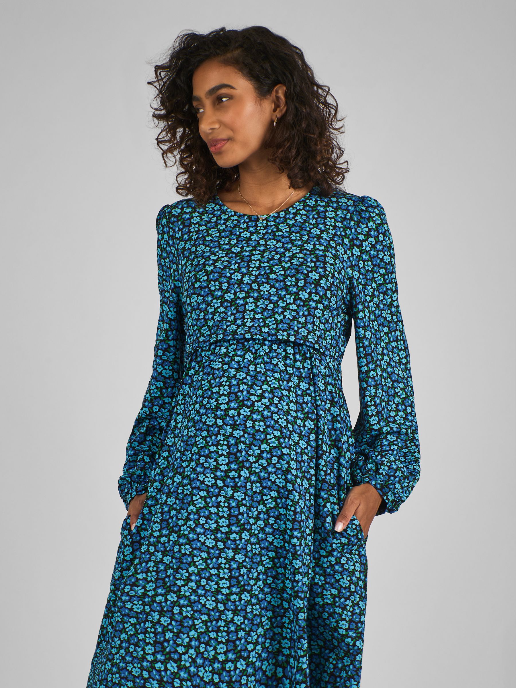 Blue Floral Round Neck Double Layer Maternity & Nursing Dress - Image 3 of 4