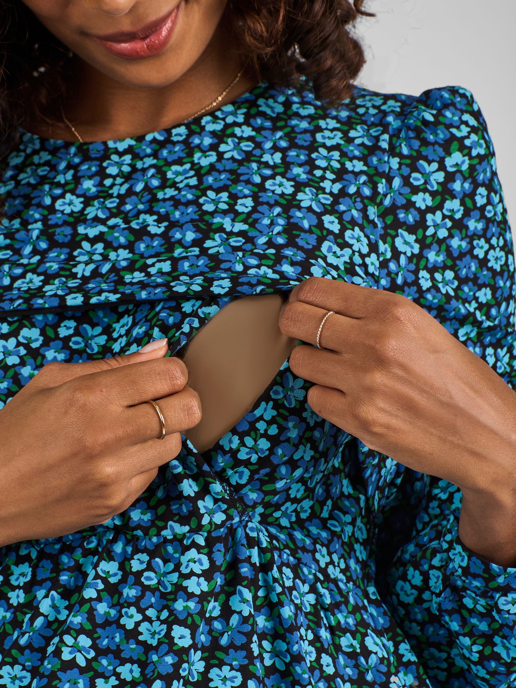 Blue Floral Round Neck Double Layer Maternity & Nursing Dress - Image 4 of 4