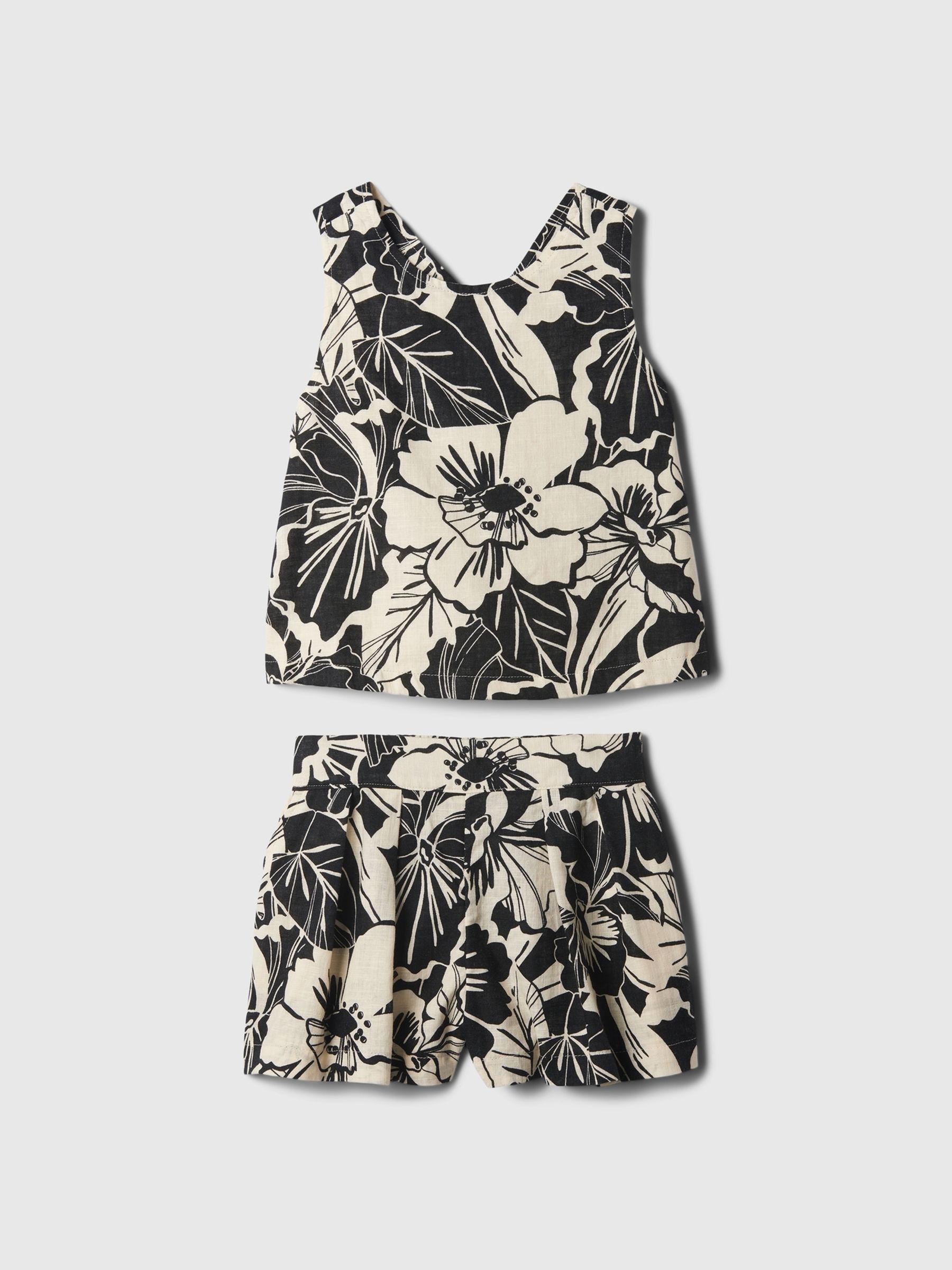 Black/White Linen Cotton Vest Top and Shorts Set (12mths-5yrs) - Image 1 of 2