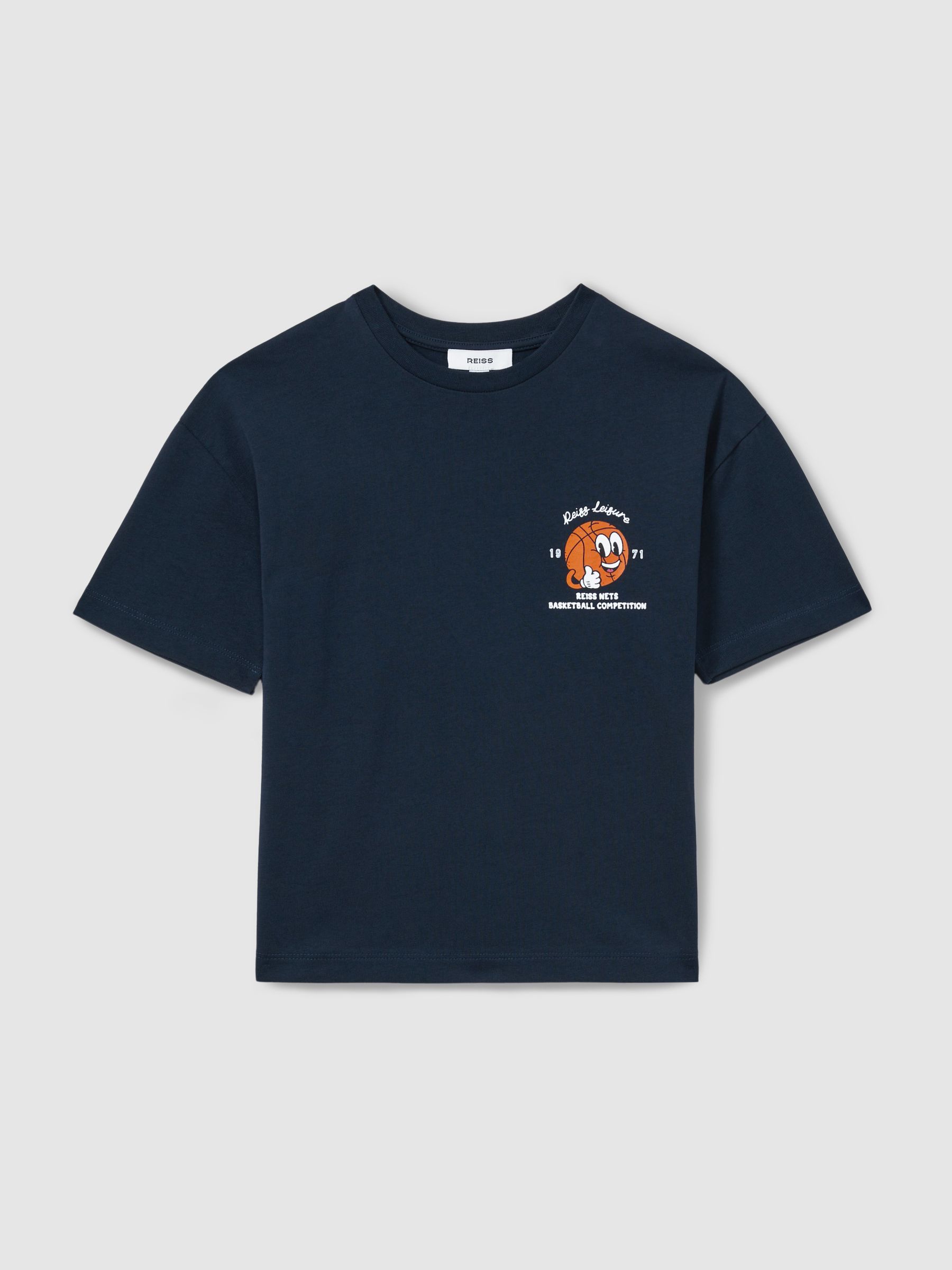 13-14 yrs Oversized Cotton Basketball Motif Crew Neck T-Shirt in Washed Navy - Image 1 of 5