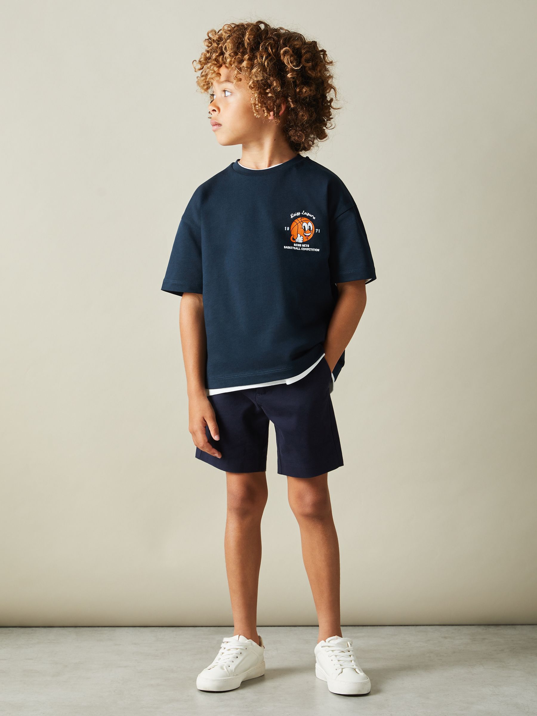 13-14 yrs Oversized Cotton Basketball Motif Crew Neck T-Shirt in Washed Navy - Image 2 of 5