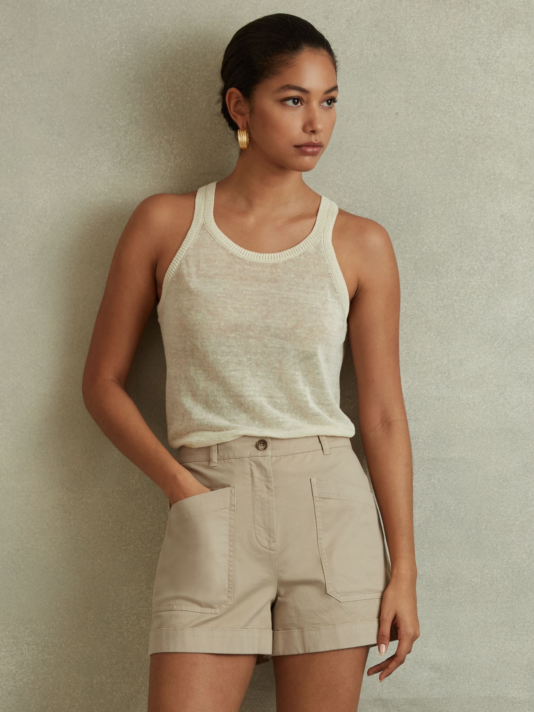 Nova Neutral Cotton Blend Shorts with Turned-Up Hems - Image 1 of 5