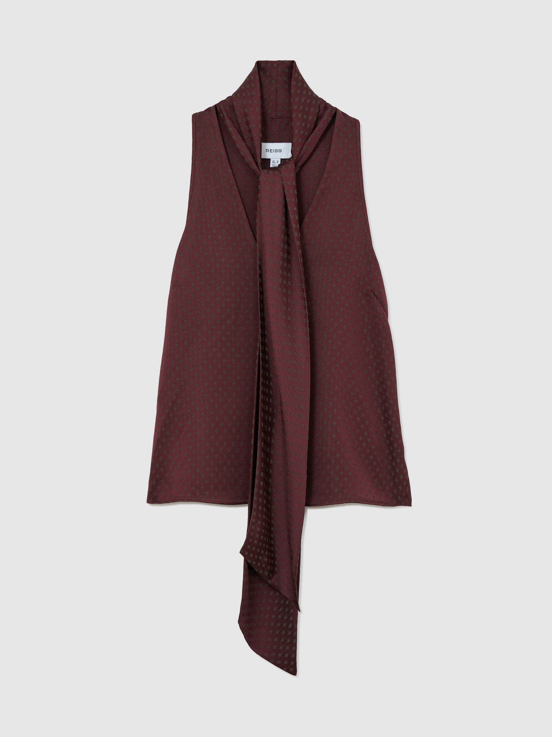 Jacquard Tie-Neck Sleeveless Top in Burgundy - Image 2 of 8 Jacquard Tie-Neck Sleeveless Top in Burgundy - Image 2 of 8