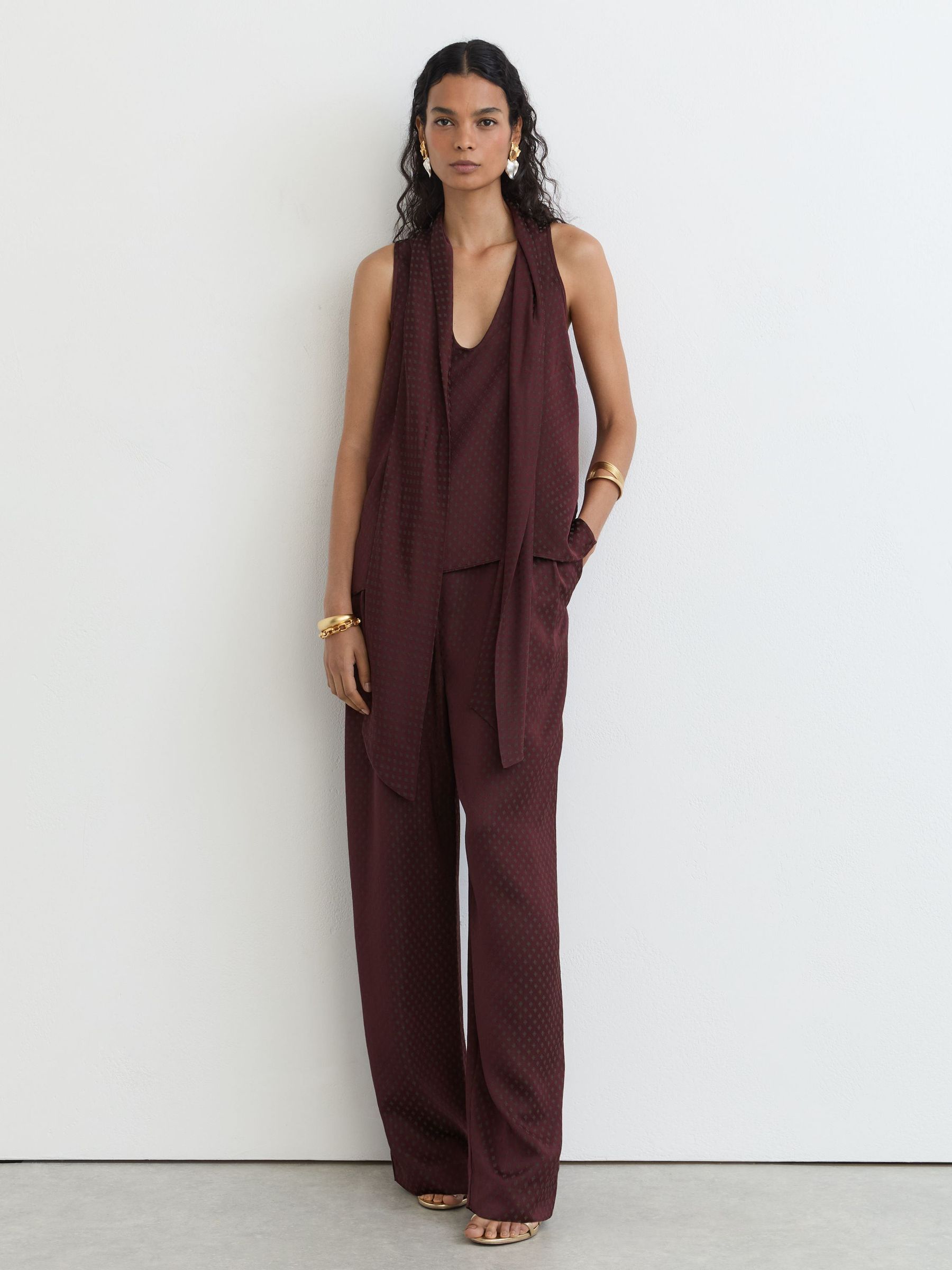 Jacquard Tie-Neck Sleeveless Top in Burgundy - Image 5 of 8