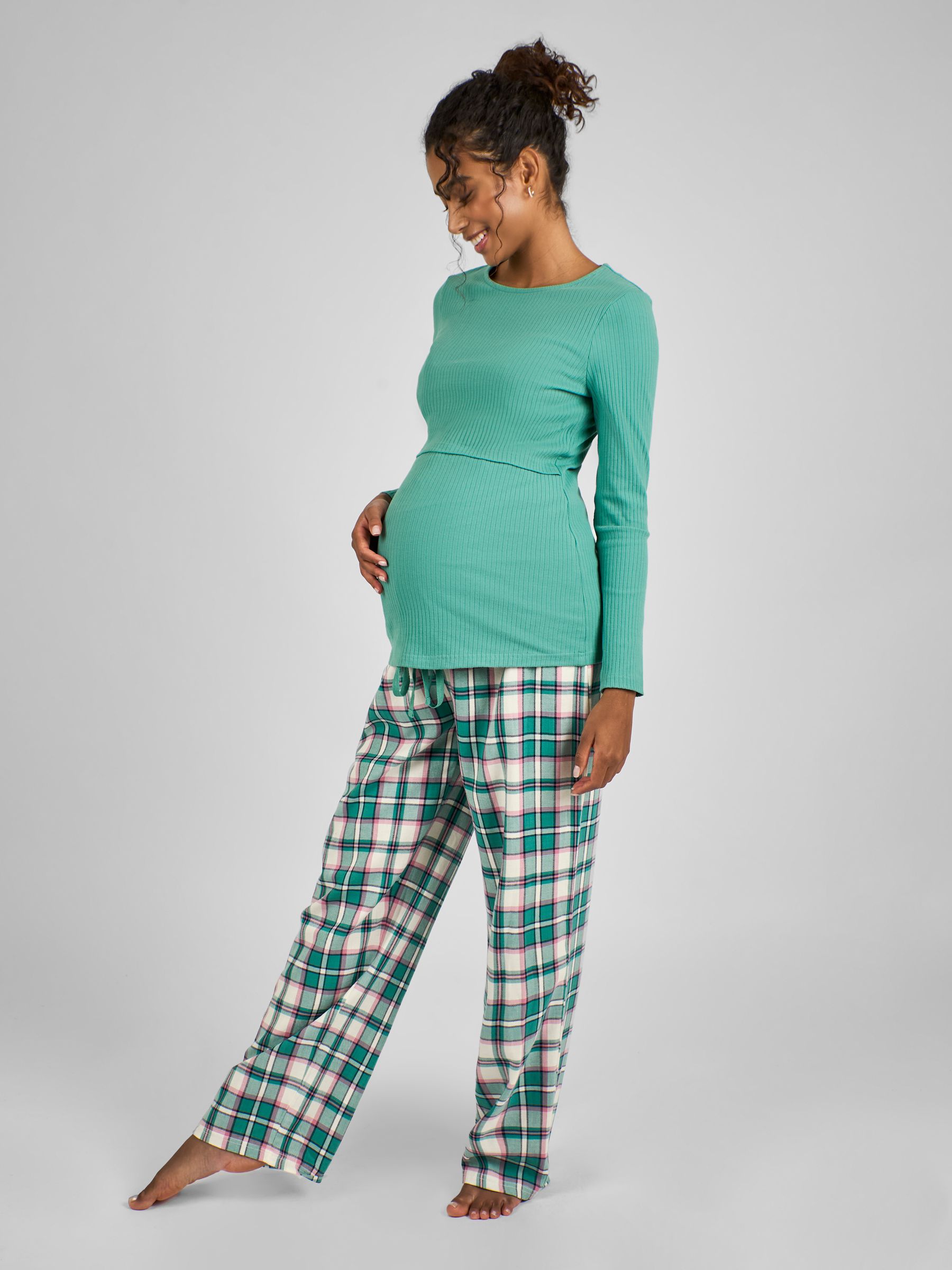 Sage Green Check Maternity And Nursing Pyjamas Set - Image 1 of 6