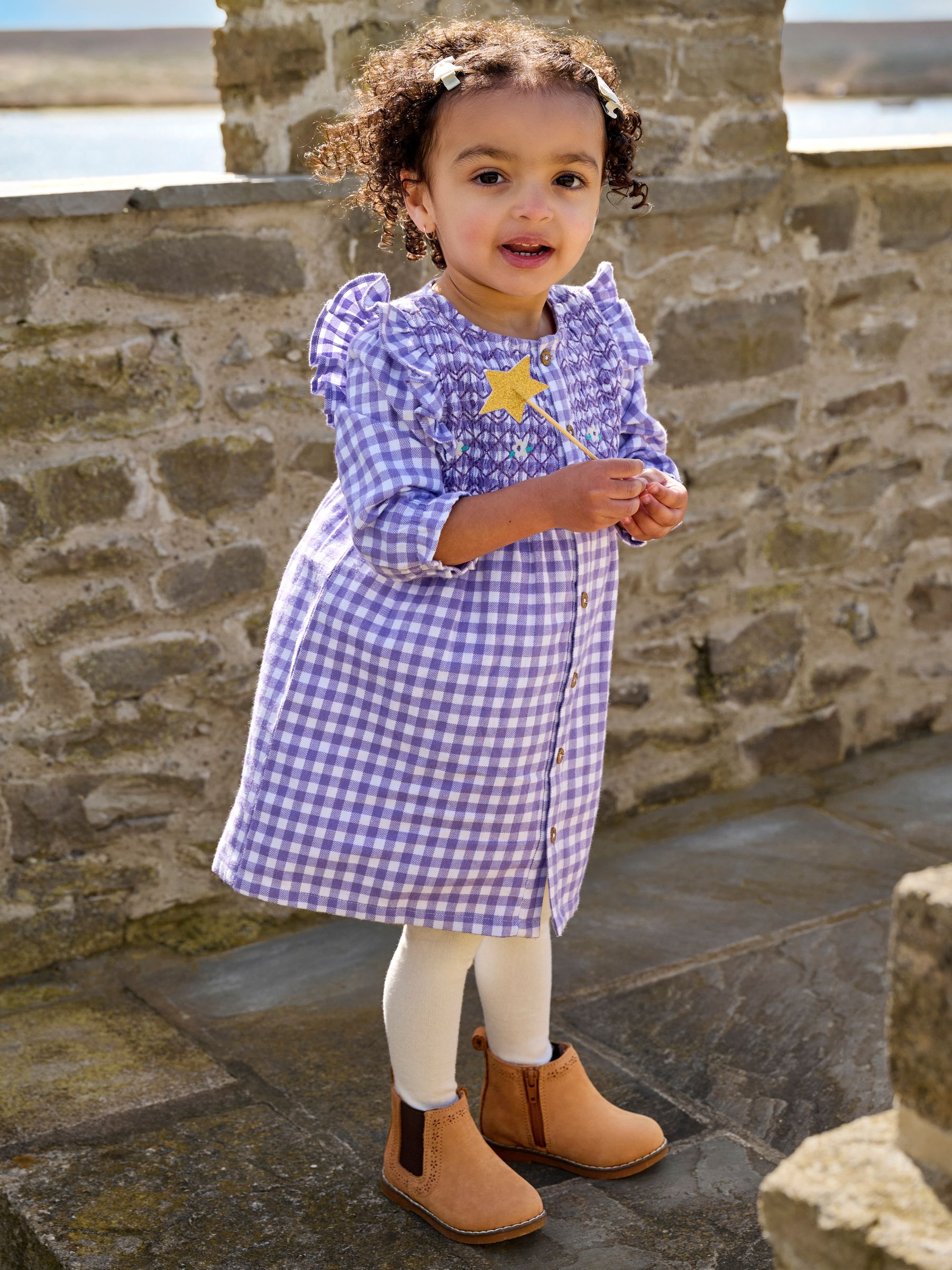 Lilac Purple Frill Shoulder Smocked Dress & Tights Set - Image 1 of 7