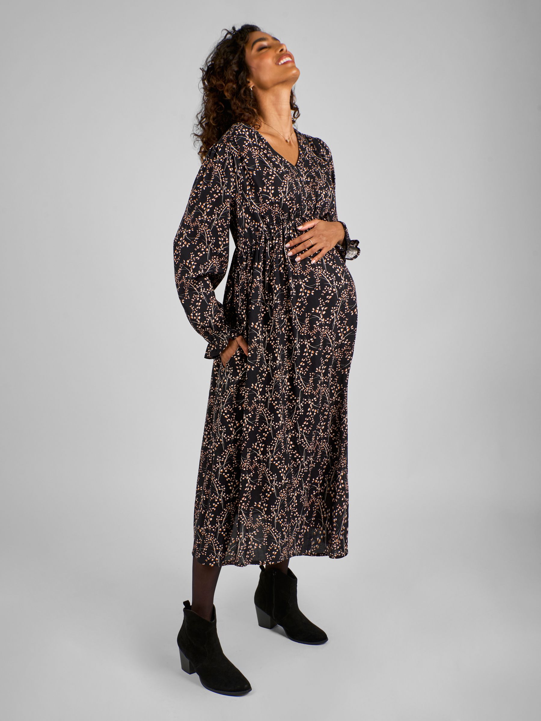 Black Floral V-Neck Maternity Midi Dress - Image 1 of 4