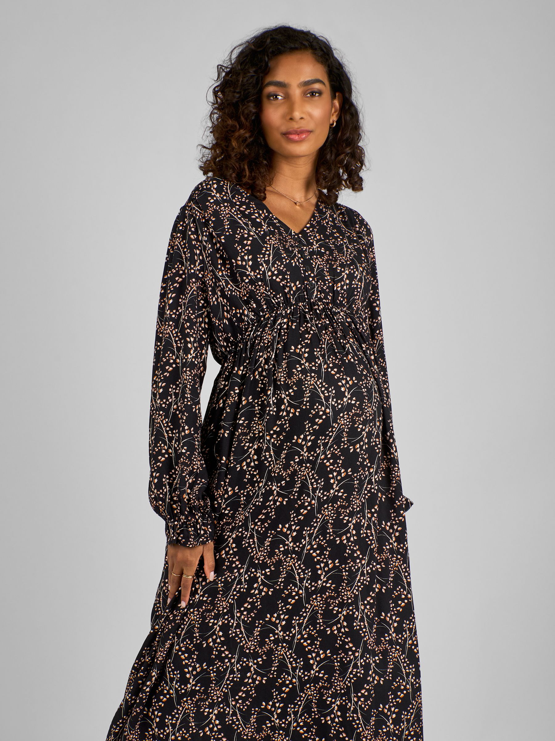 Black Floral V-Neck Maternity Midi Dress - Image 3 of 4