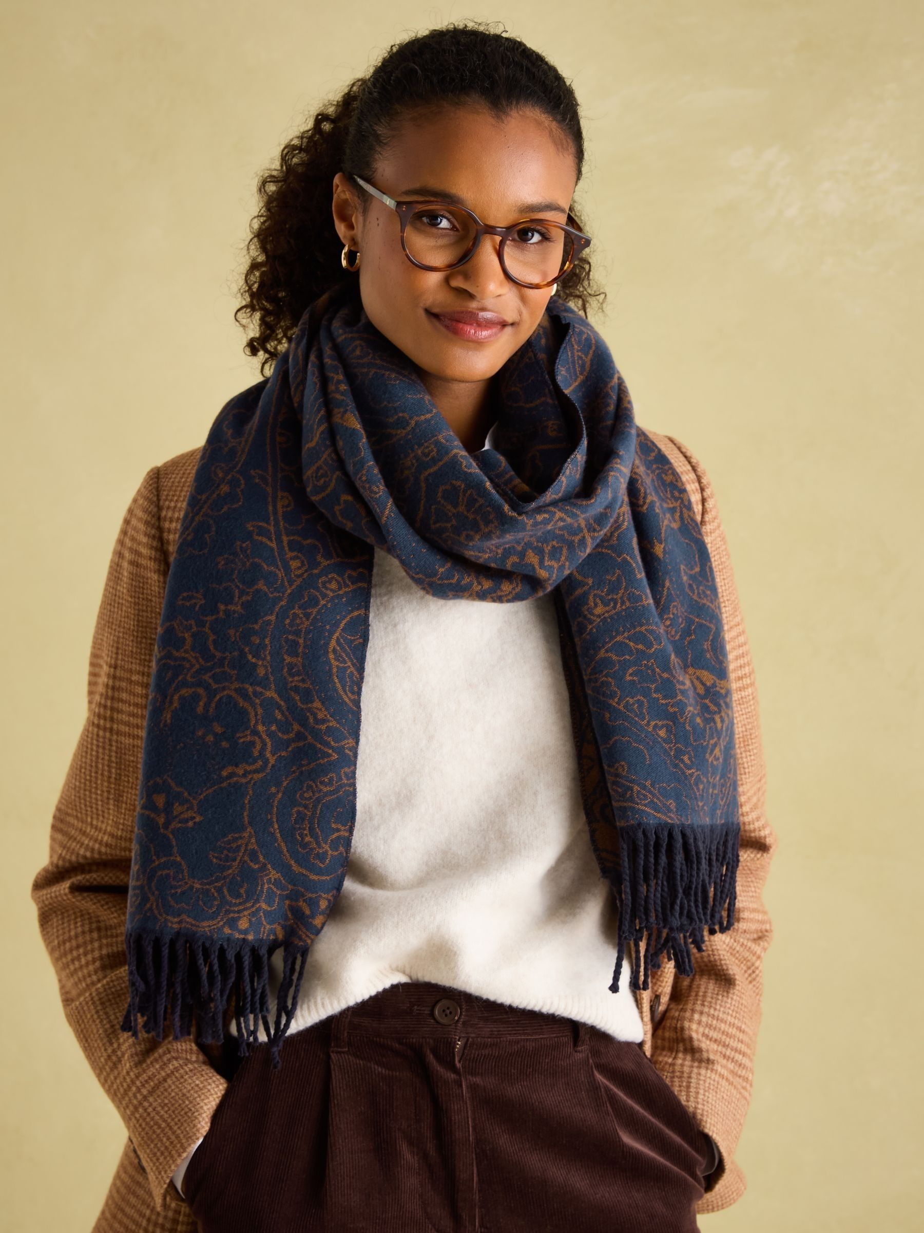Elissa Navy Camel Double-Sided Jacquard Scarf Joules