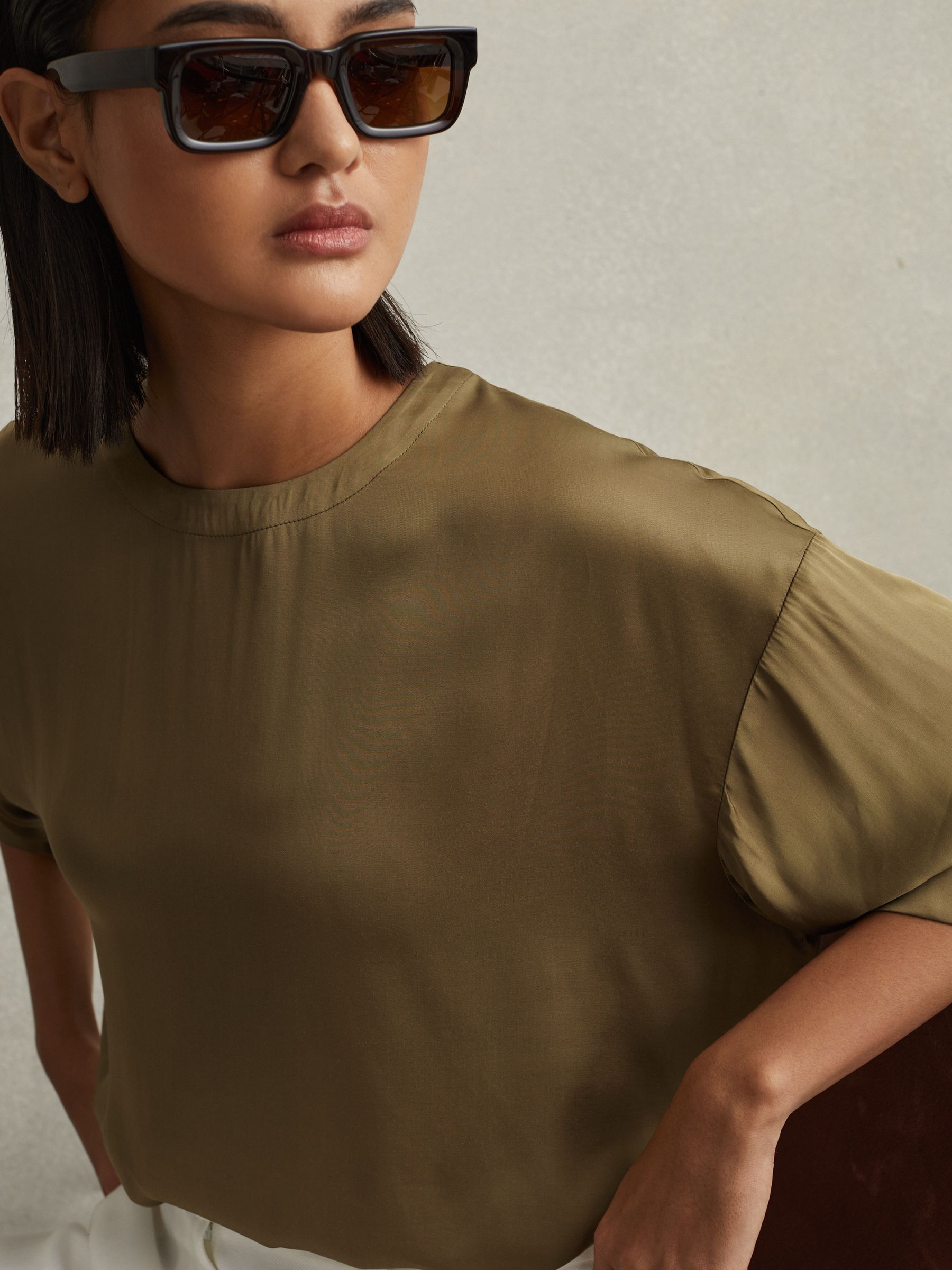 Relaxed Satin Blouse in Khaki - Image 1 of 6