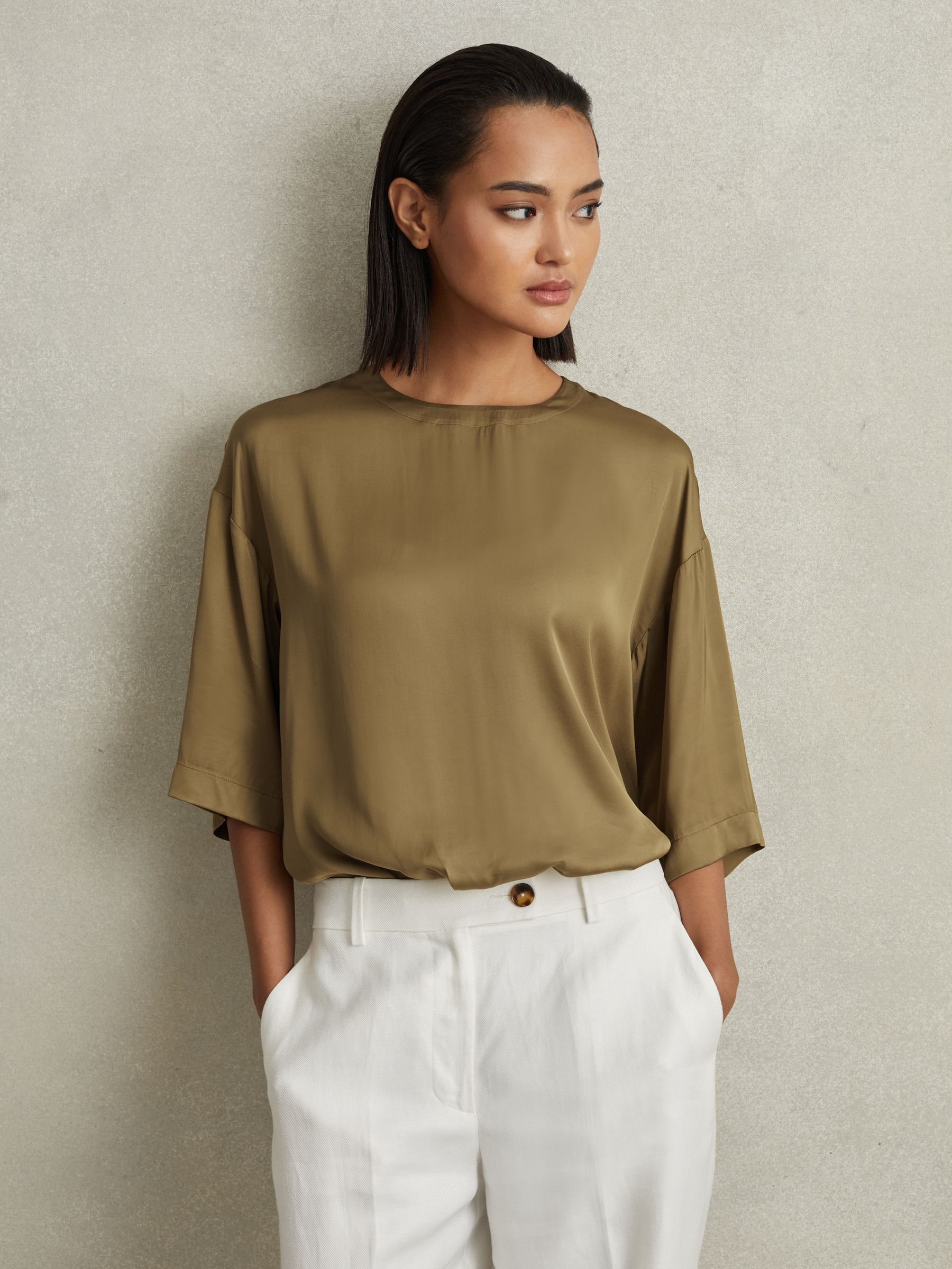 Relaxed Satin Blouse in Khaki - Image 3 of 6