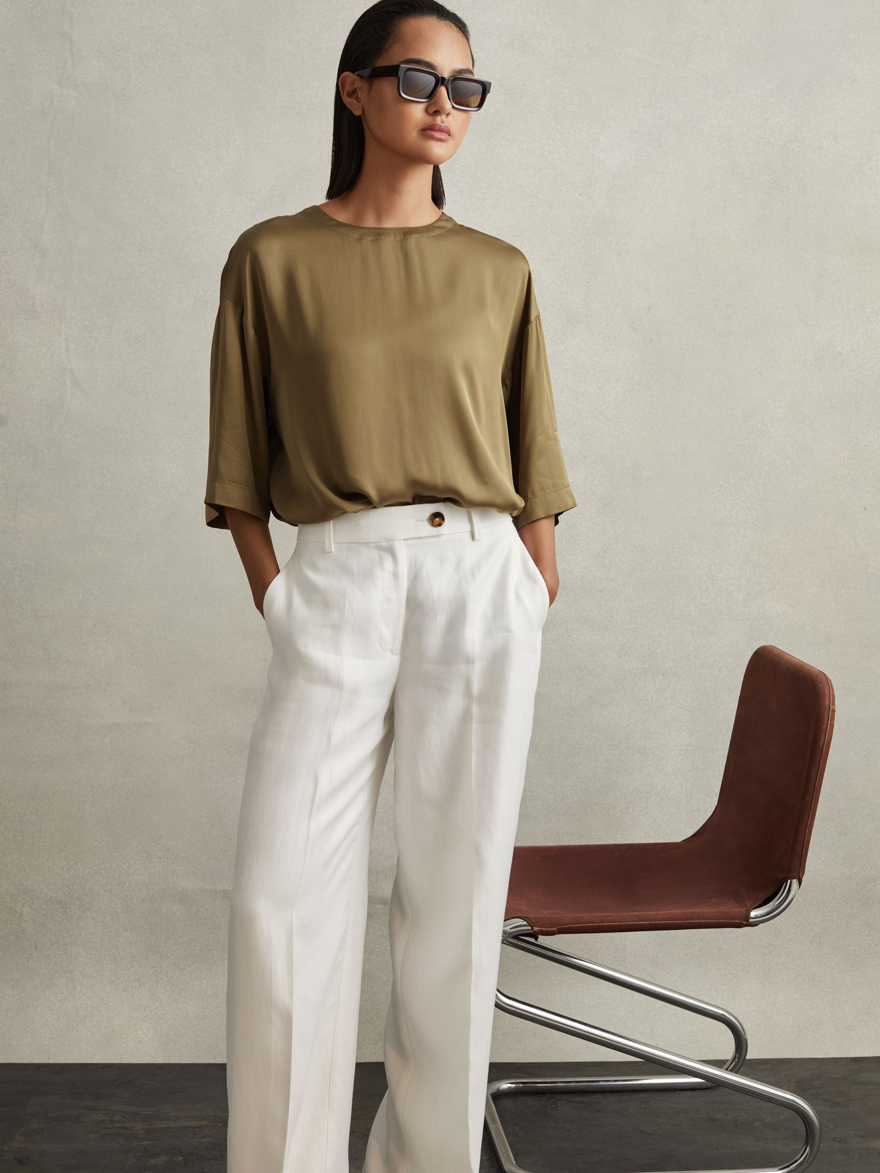 Relaxed Satin Blouse in Khaki - Image 5 of 6