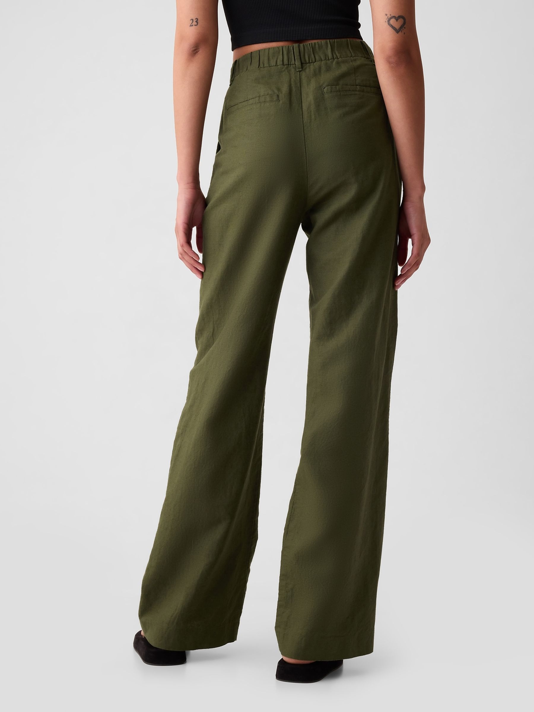 Khaki Green High Waisted Linen Cotton Trousers - Image 3 of 5