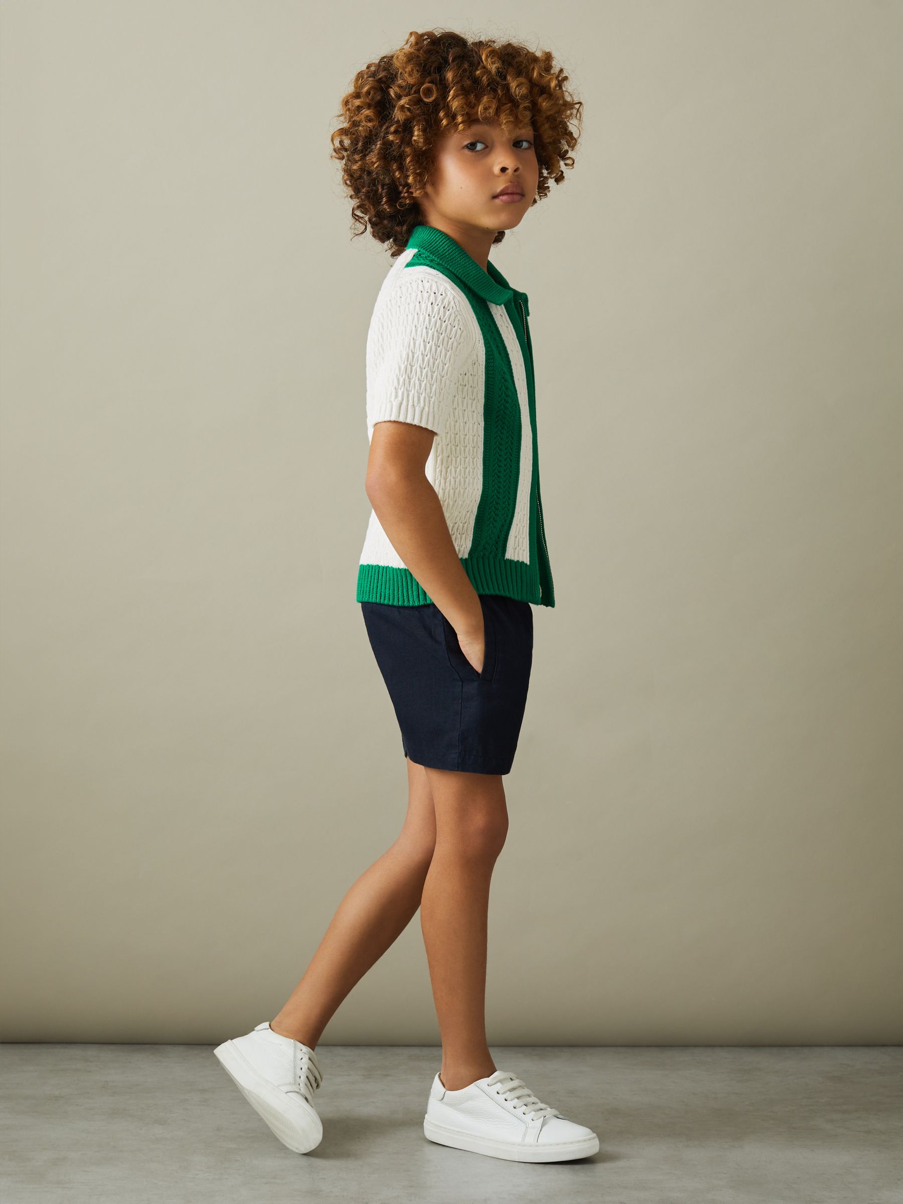13-14 yrs Knitted Cotton Zip-Front Shirt in White/Bright Green - Image 2 of 4 13-14 yrs Knitted Cotton Zip-Front Shirt in White/Bright Green - Image 2 of 4