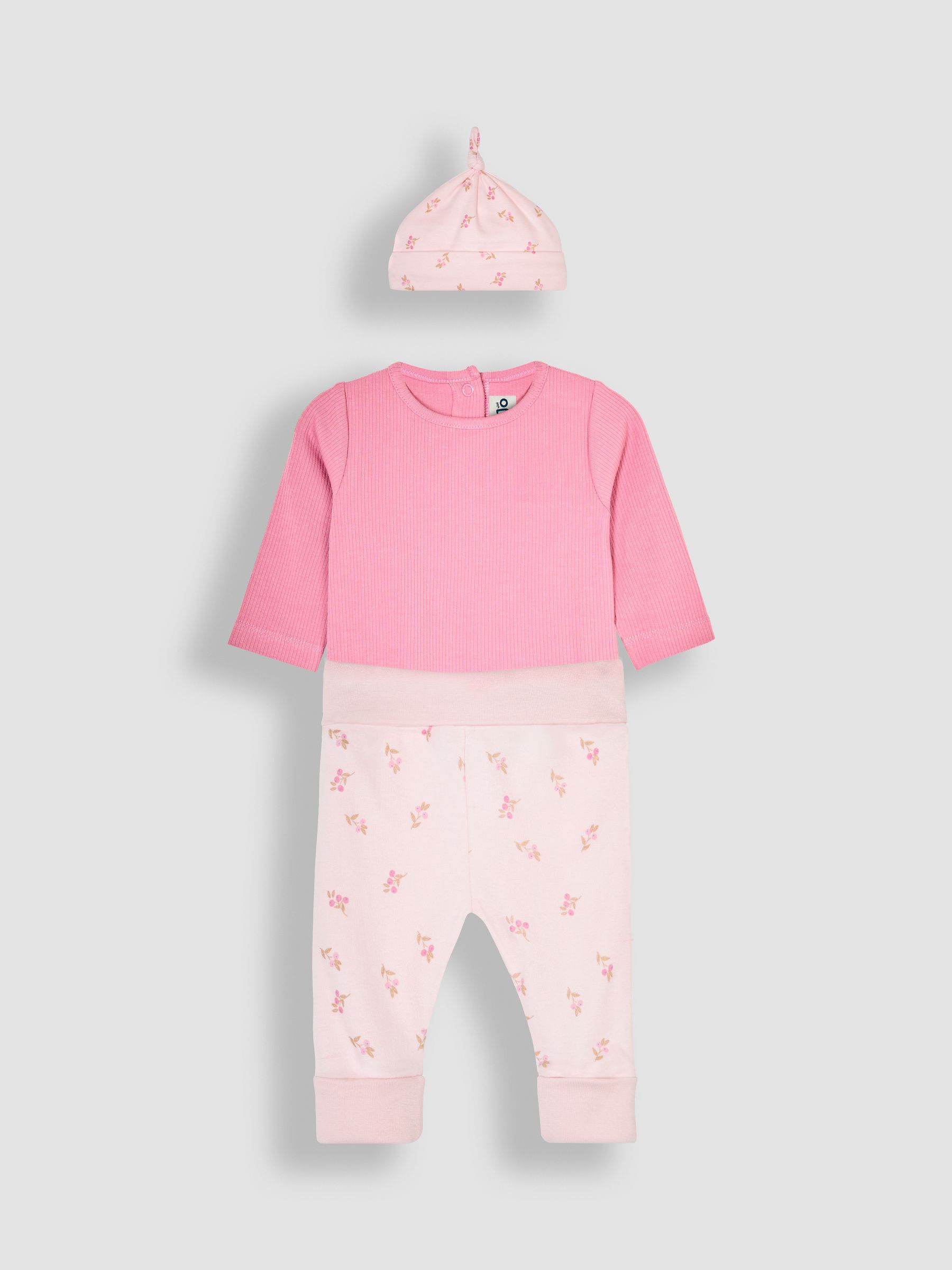Pink 3-Piece Rib Body, Floral Trousers & Hat Set - Image 1 of 7