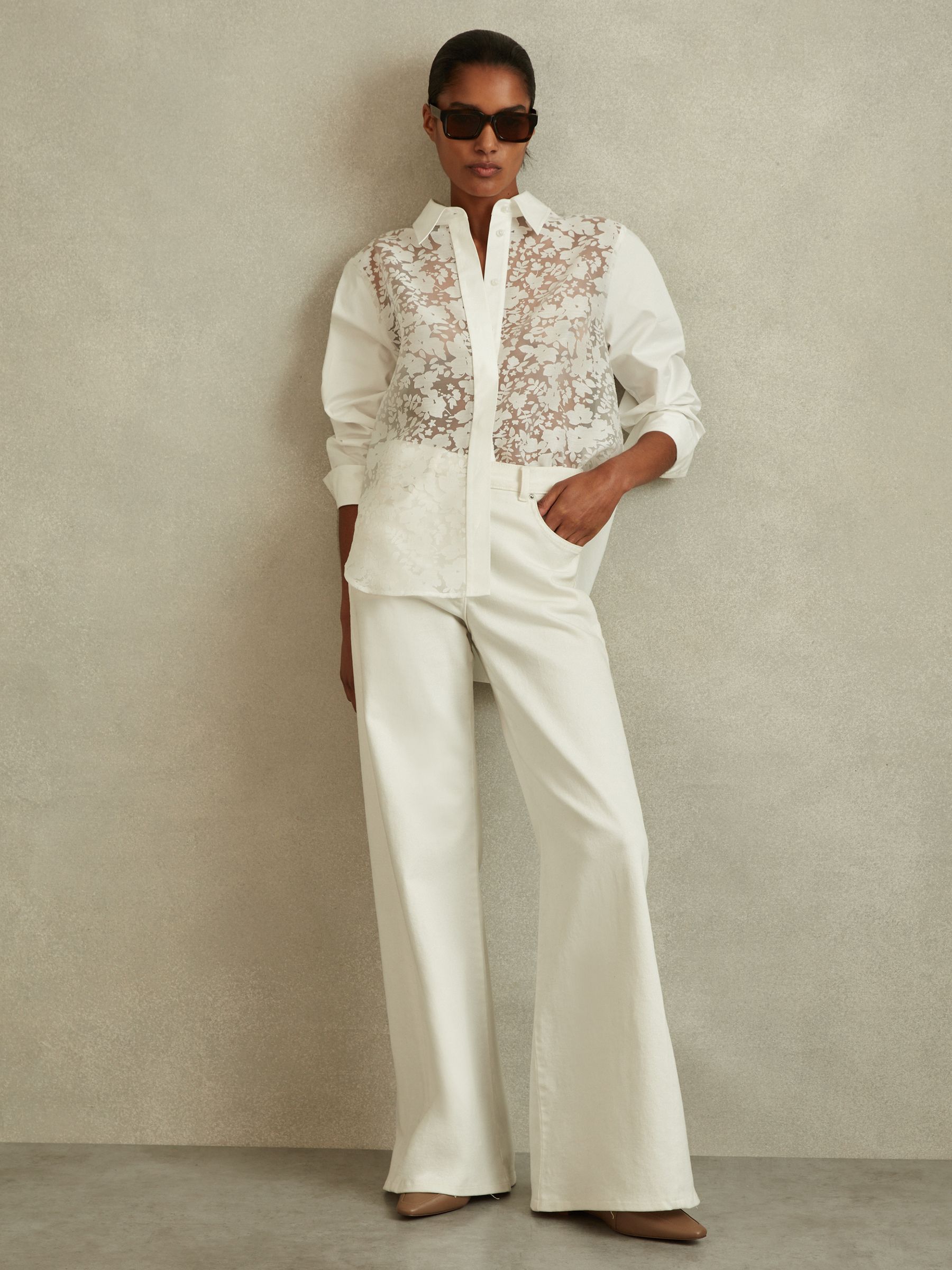 Cotton Burnout Floral Shirt in Ivory - Image 3 of 5
