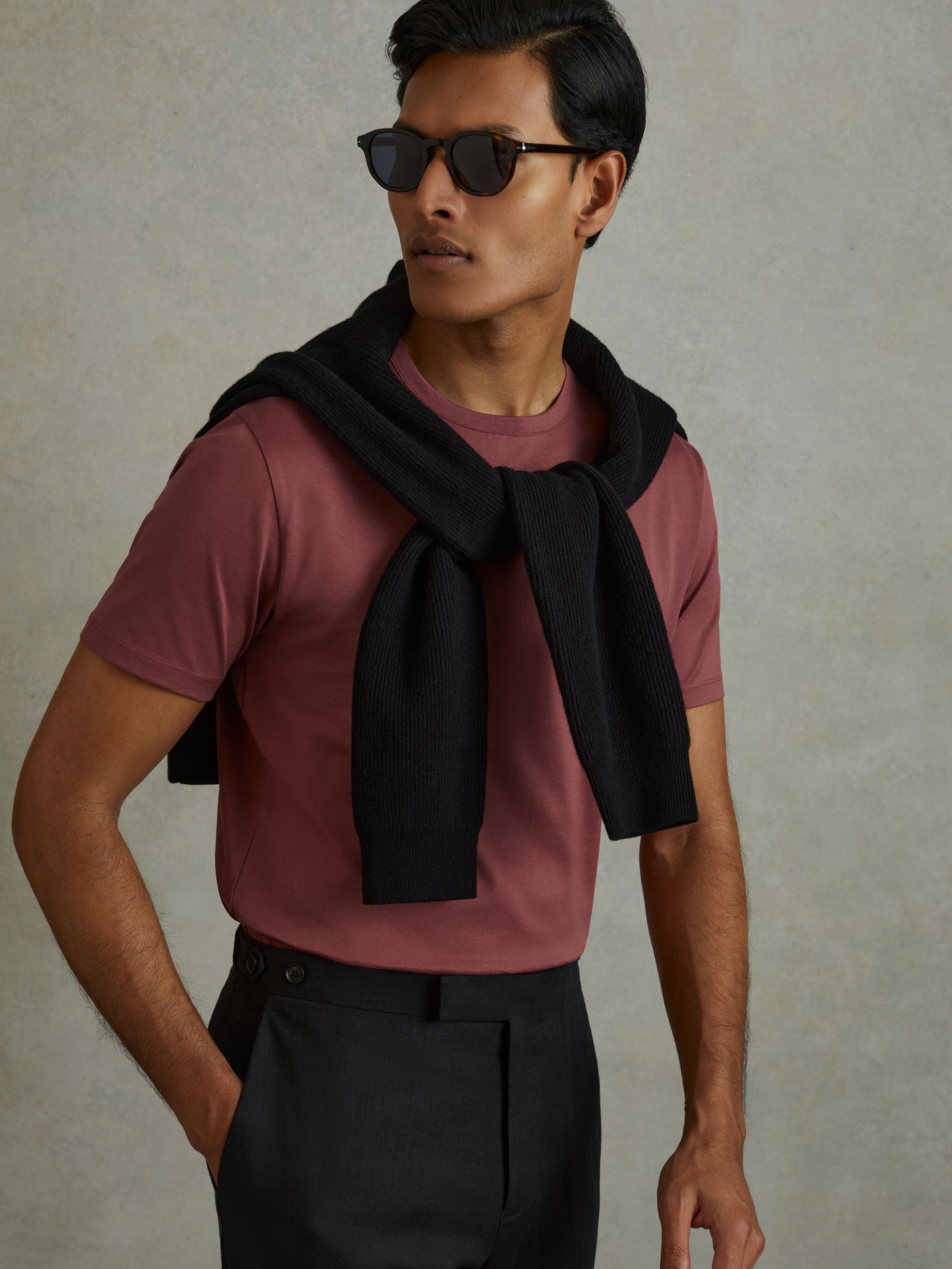 Mercerised Cotton Crew Neck T-Shirt in Old Rose - Image 1 of 6