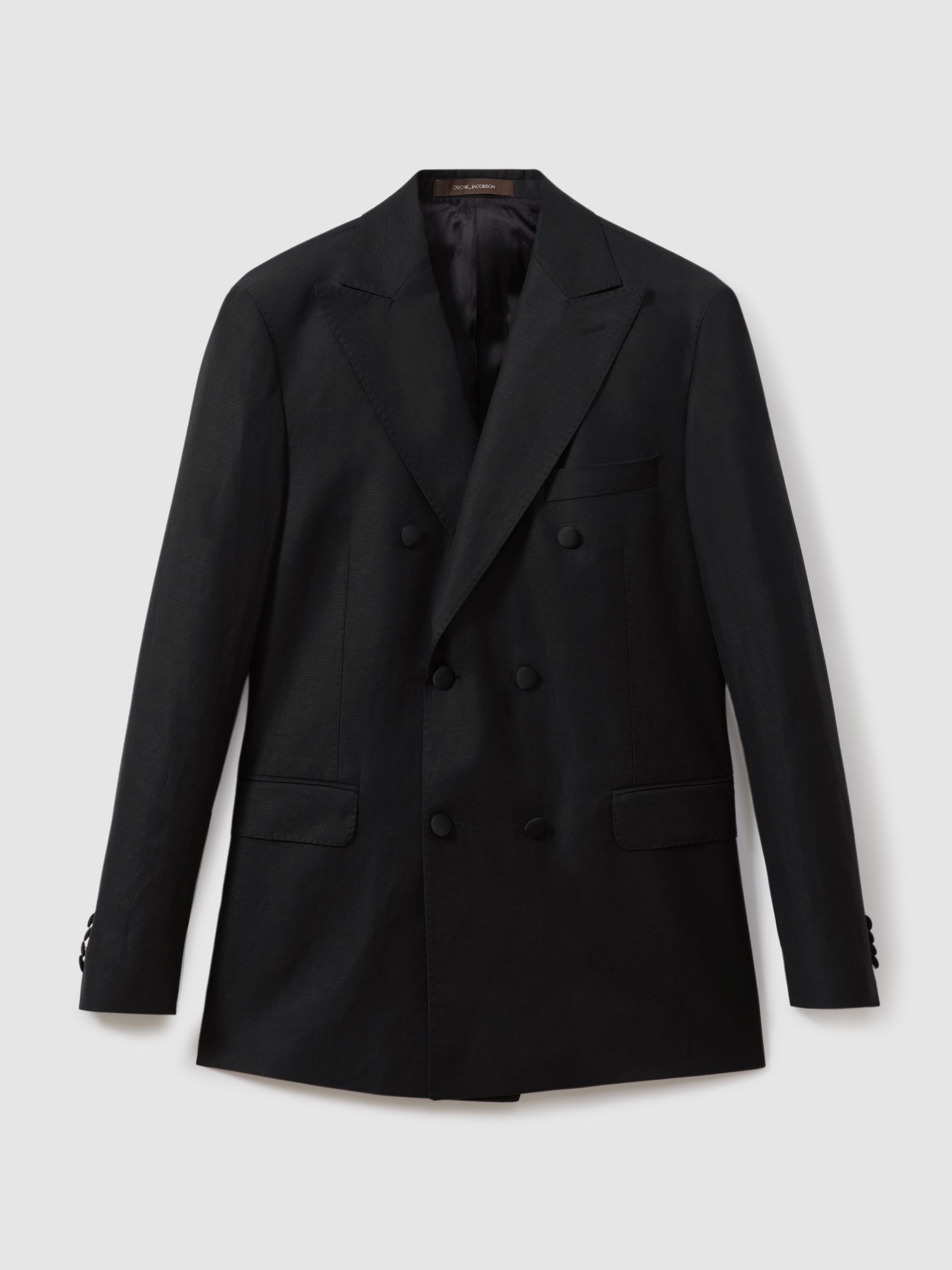 Oscar Jacobson Wool-Linen Double Breasted Blazer in Black - Image 2 of 7