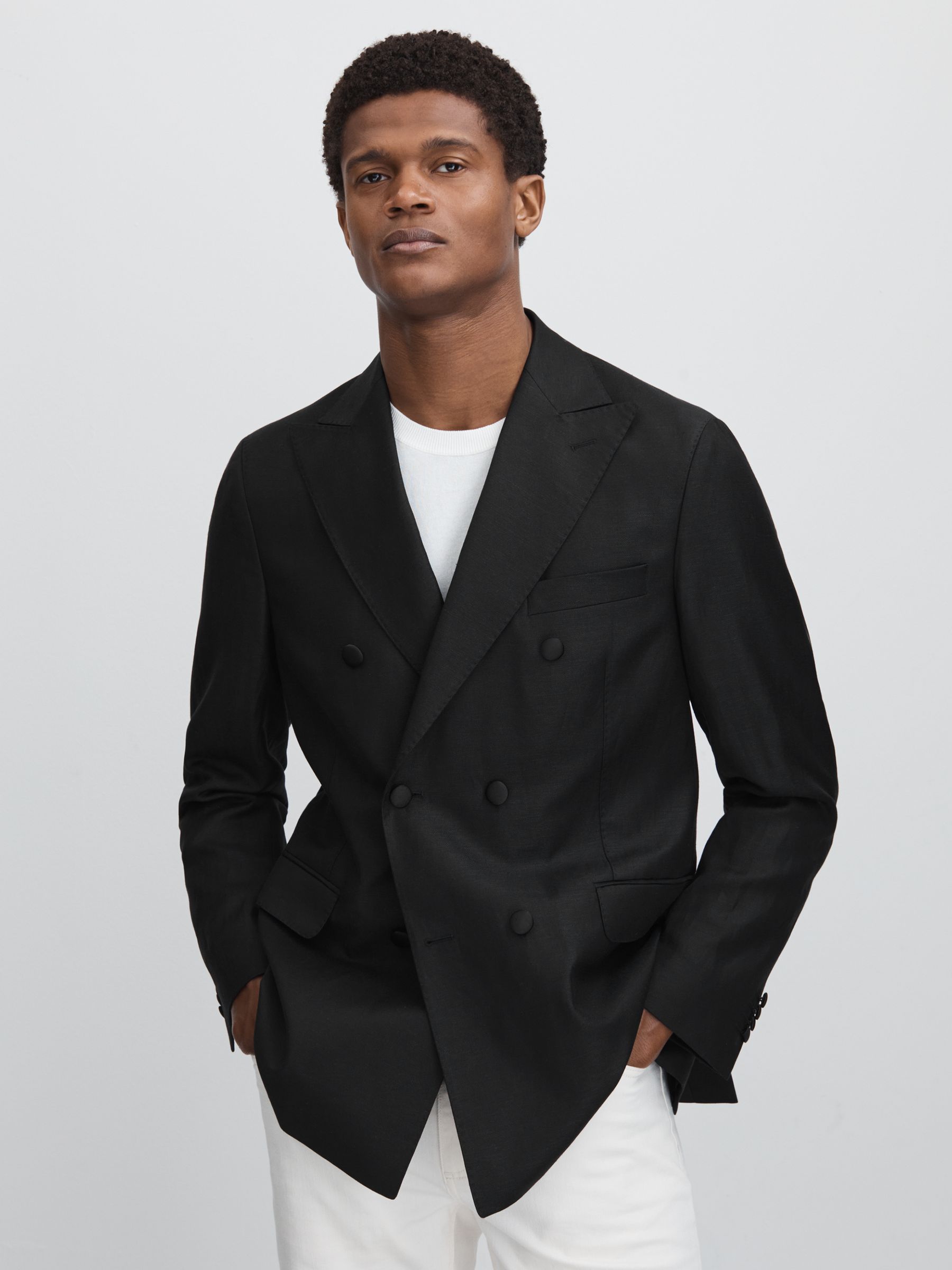 Oscar Jacobson Wool-Linen Double Breasted Blazer in Black - Image 3 of 7