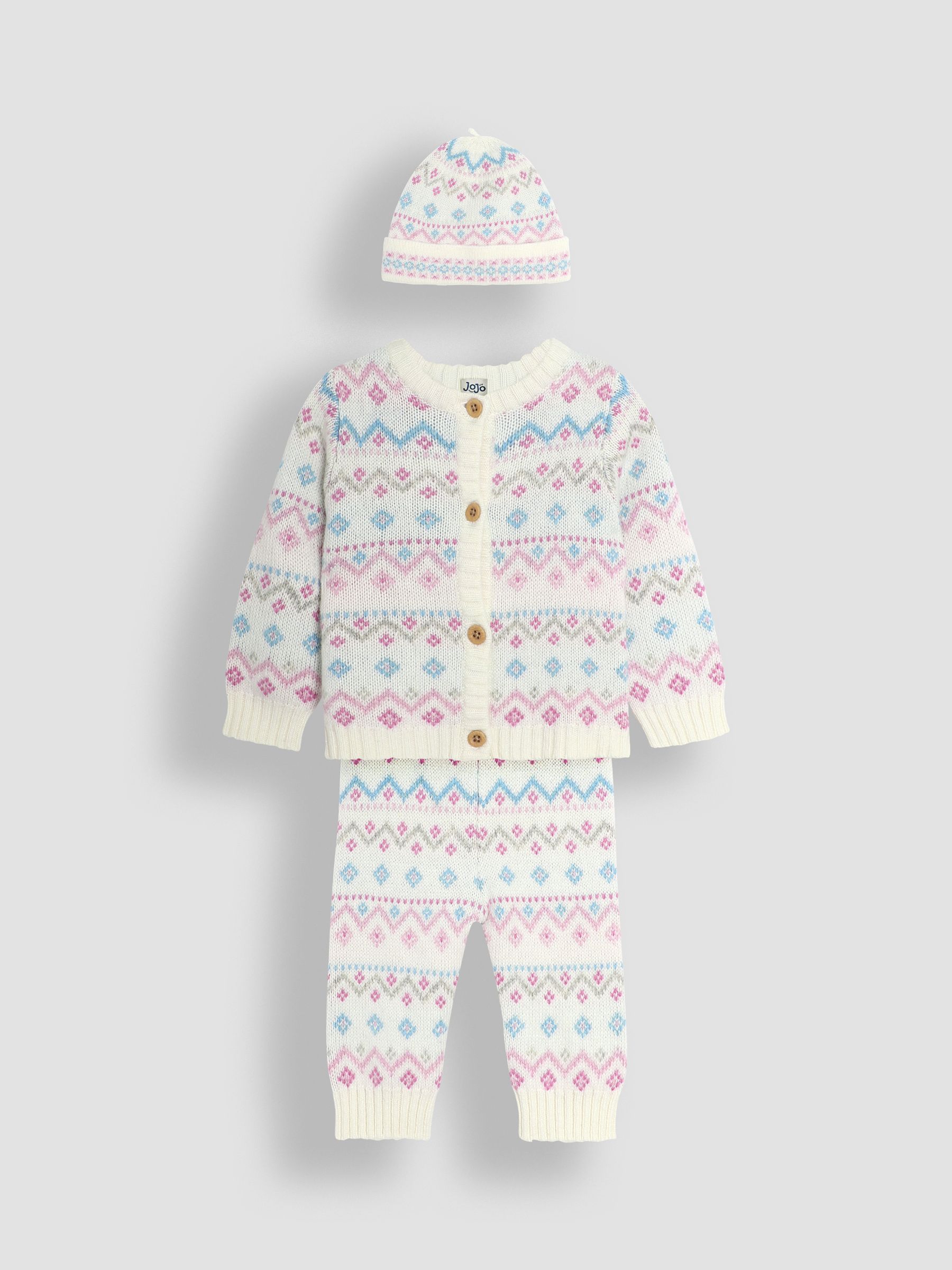 Cream 3 Piece Fair Isle Pattern Baby Knit Cardigan, Trousers & Hat Set - Image 1 of 6