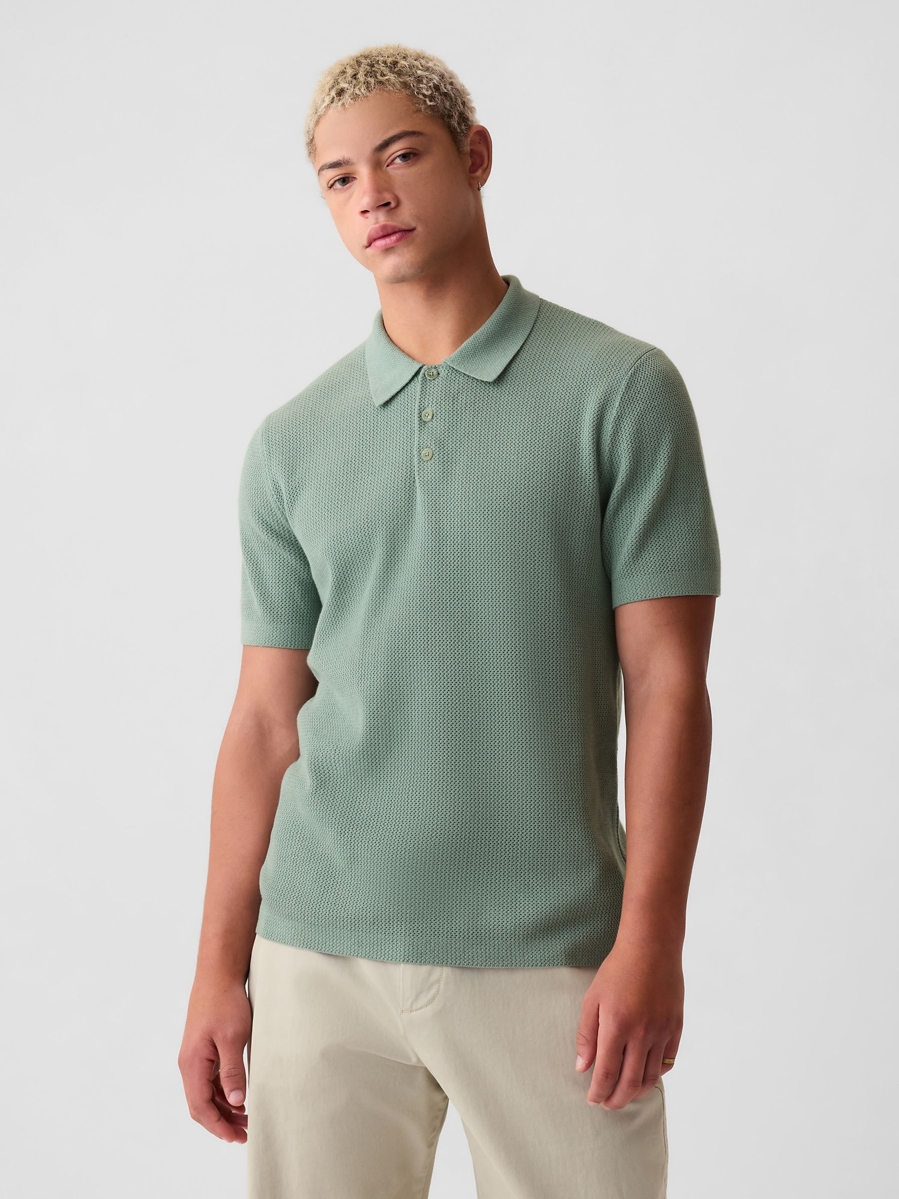 Green Cotton Textured Short Sleeve Polo Shirt - Image 1 of 4
