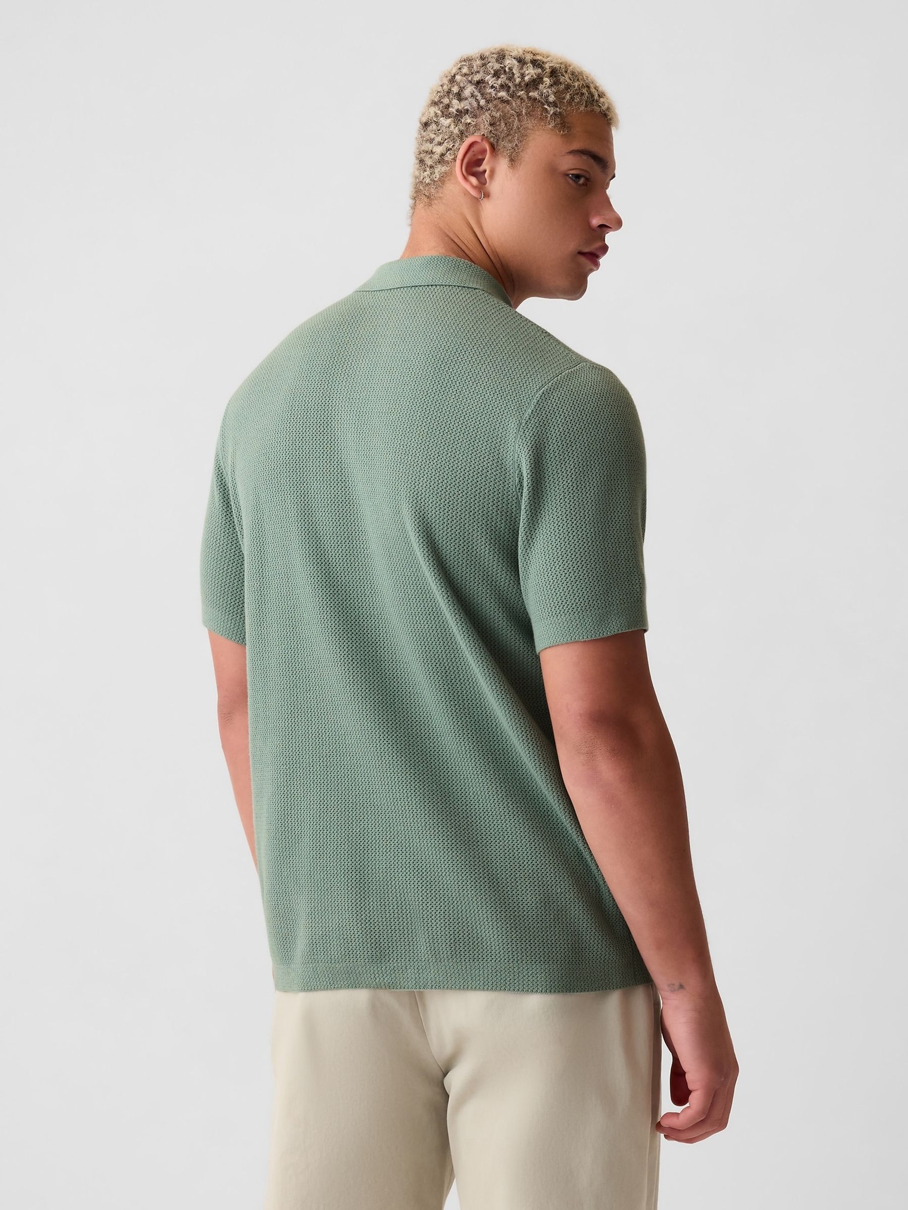 Green Cotton Textured Short Sleeve Polo Shirt - Image 2 of 4
