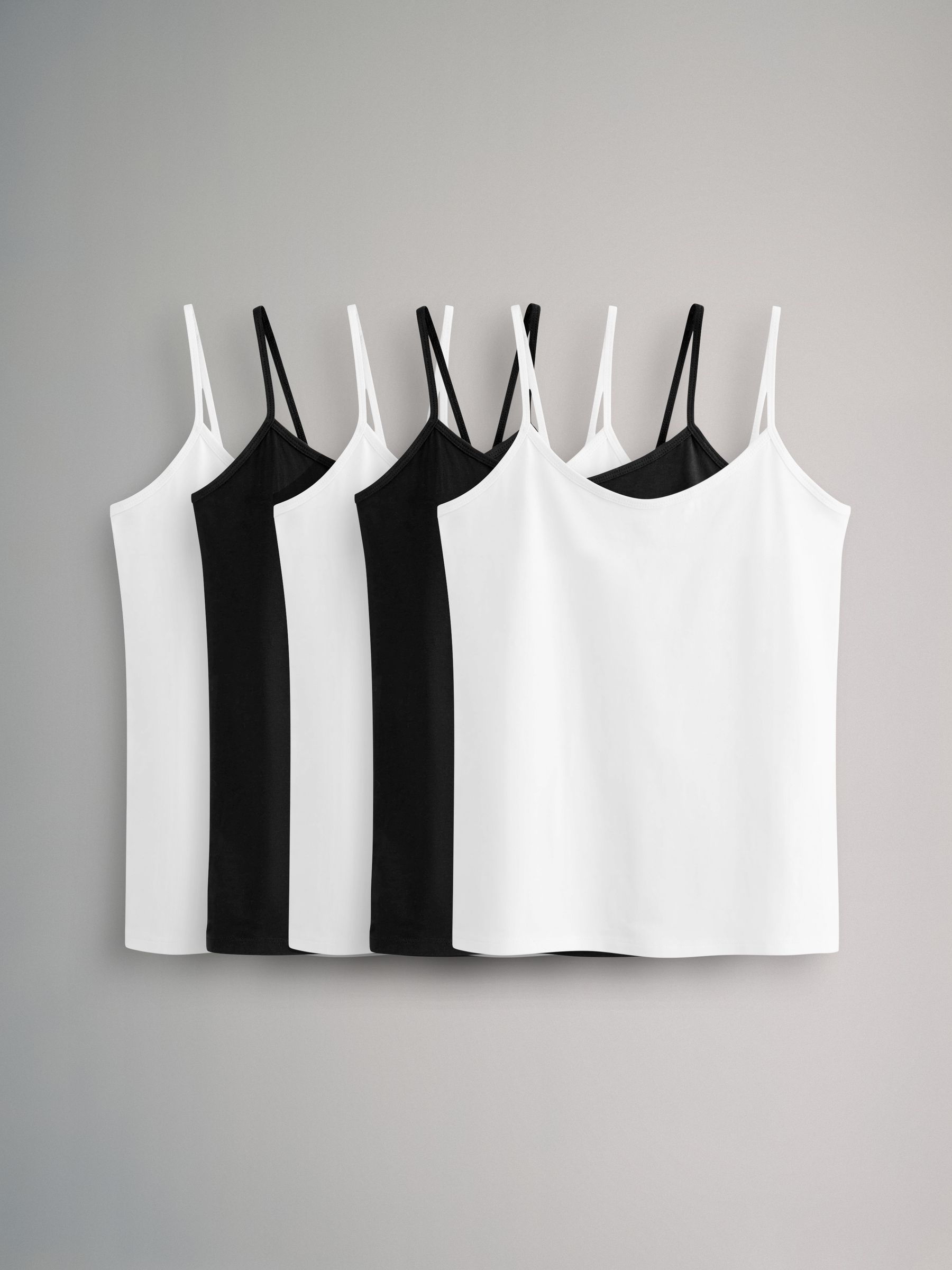 White/Black - 5 Pack Thin Strap Vest Tops - Image 1 of 5