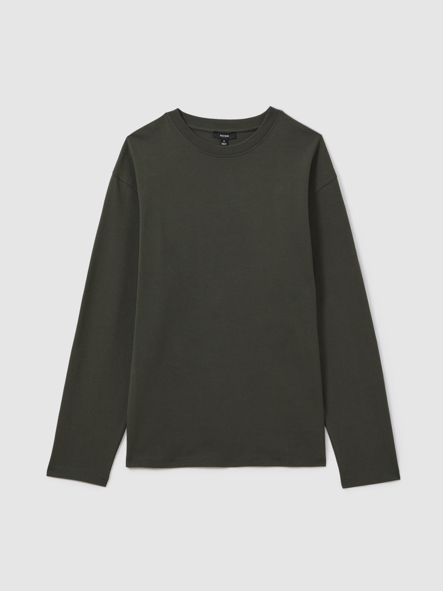 Cotton Crew Neck Long Sleeve T-Shirt in Khaki - Image 2 of 6