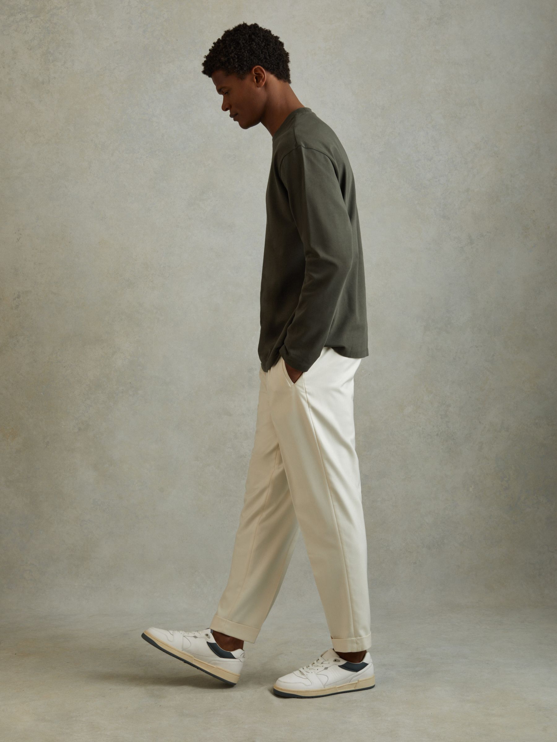 Cotton Crew Neck Long Sleeve T-Shirt in Khaki - Image 3 of 6