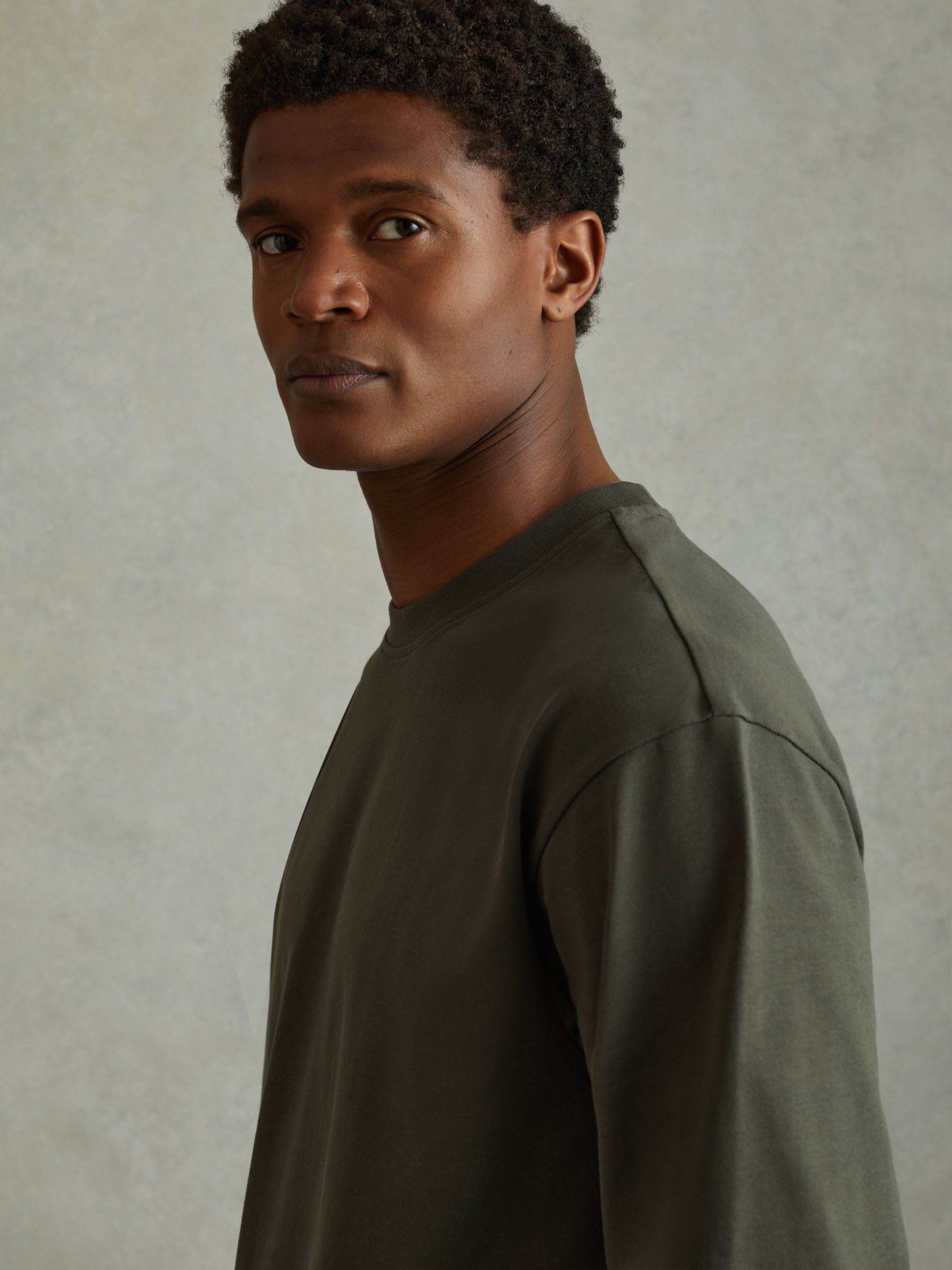 Cotton Crew Neck Long Sleeve T-Shirt in Khaki - Image 4 of 6