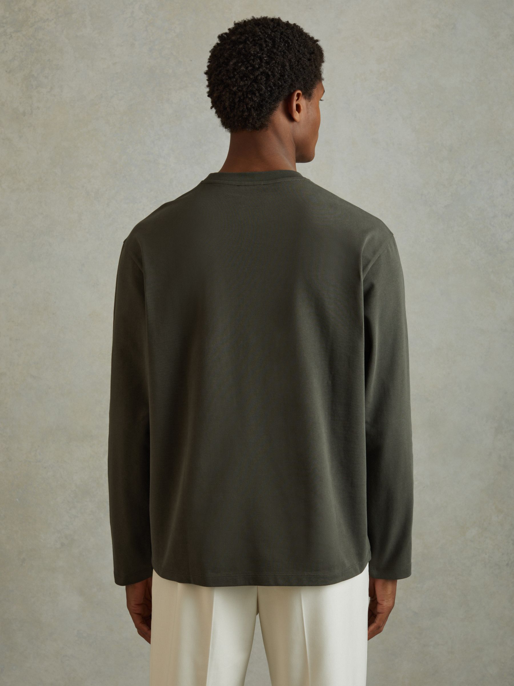 Cotton Crew Neck Long Sleeve T-Shirt in Khaki - Image 5 of 6
