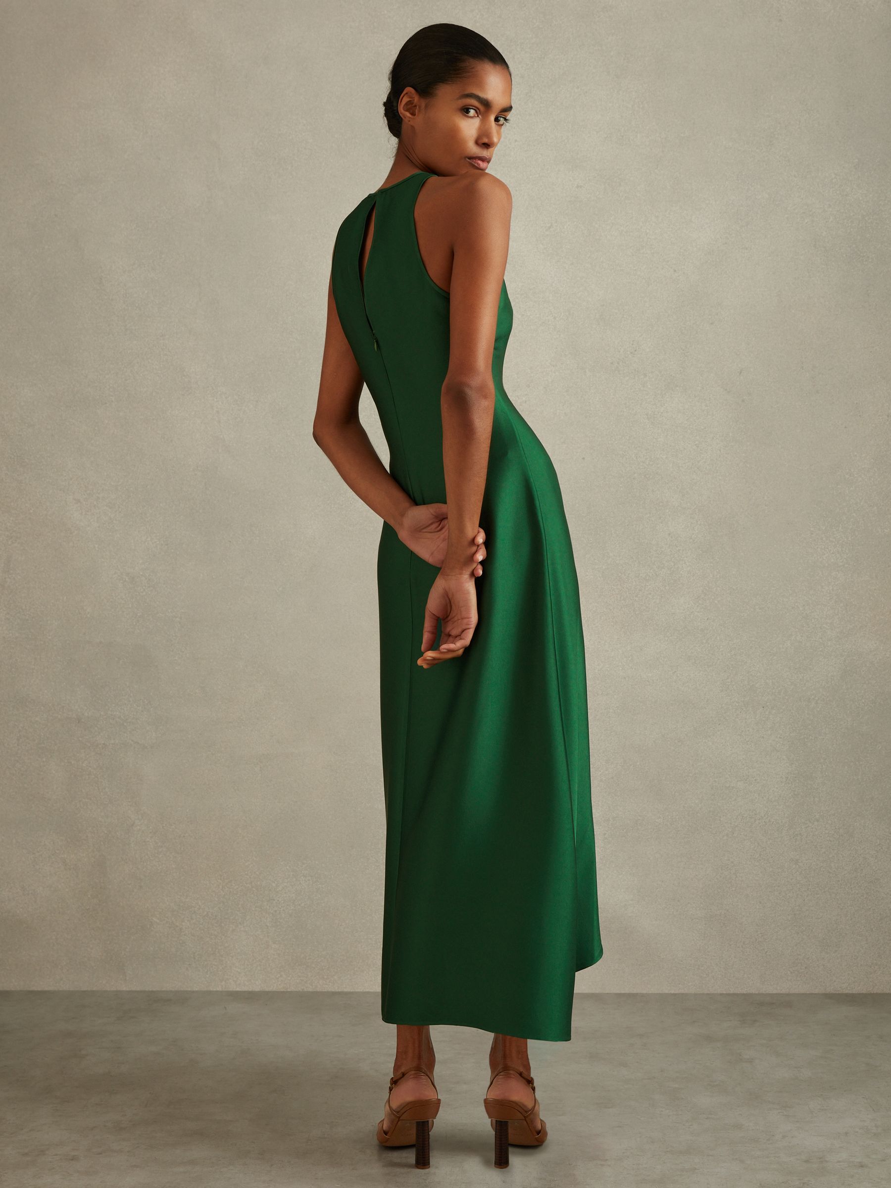 Petite Satin Drape Tuck Midi Dress in Green - Image 4 of 6