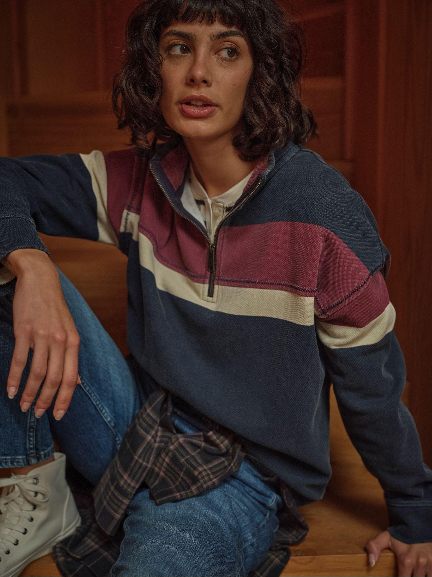 Airlie Navy Blue & Red Striped Sweat Top - Image 1 of 7