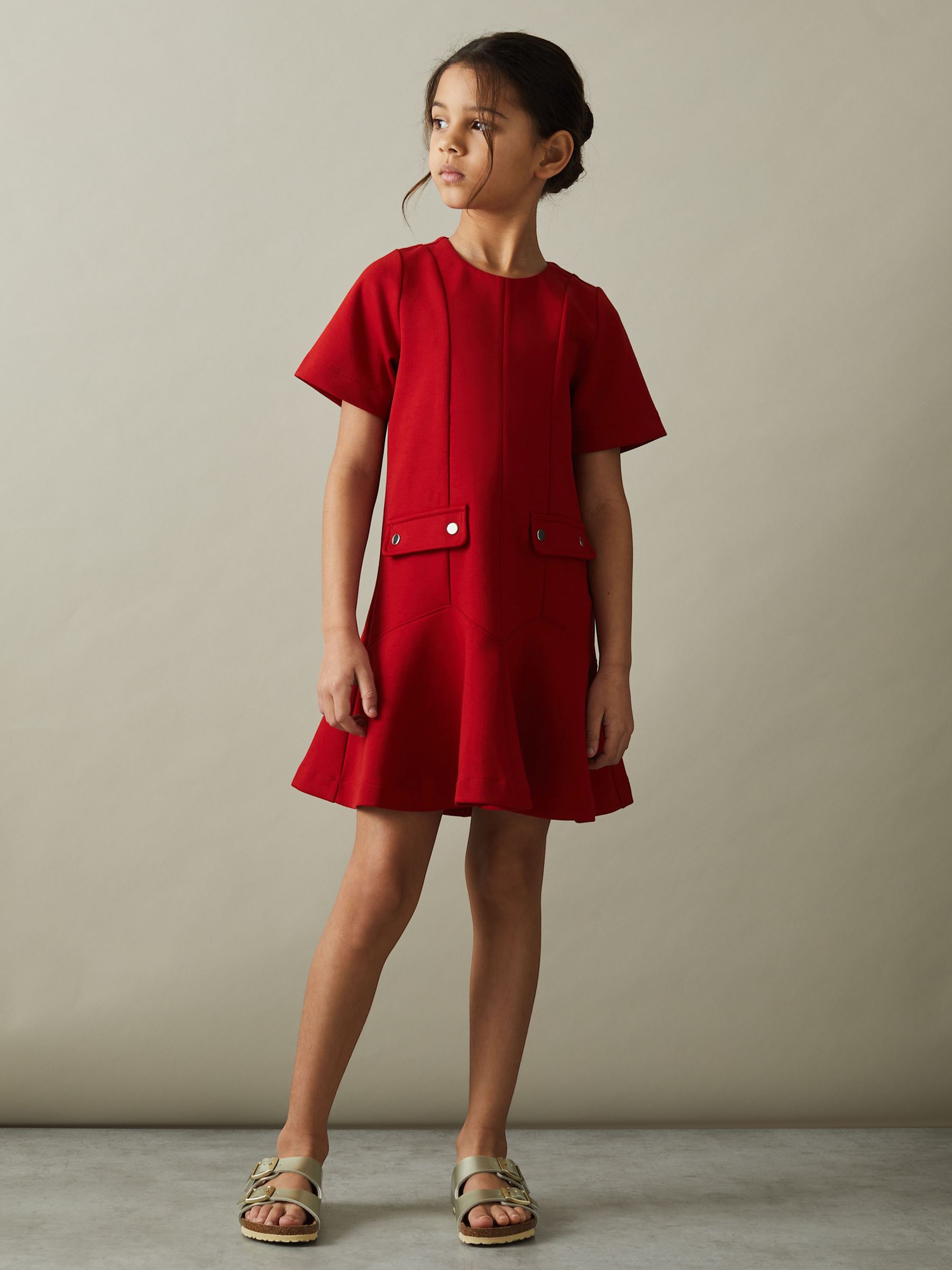 4-9 yrs Fit-and-Flare Pocket Detail Dress in Red - Image 1 of 5