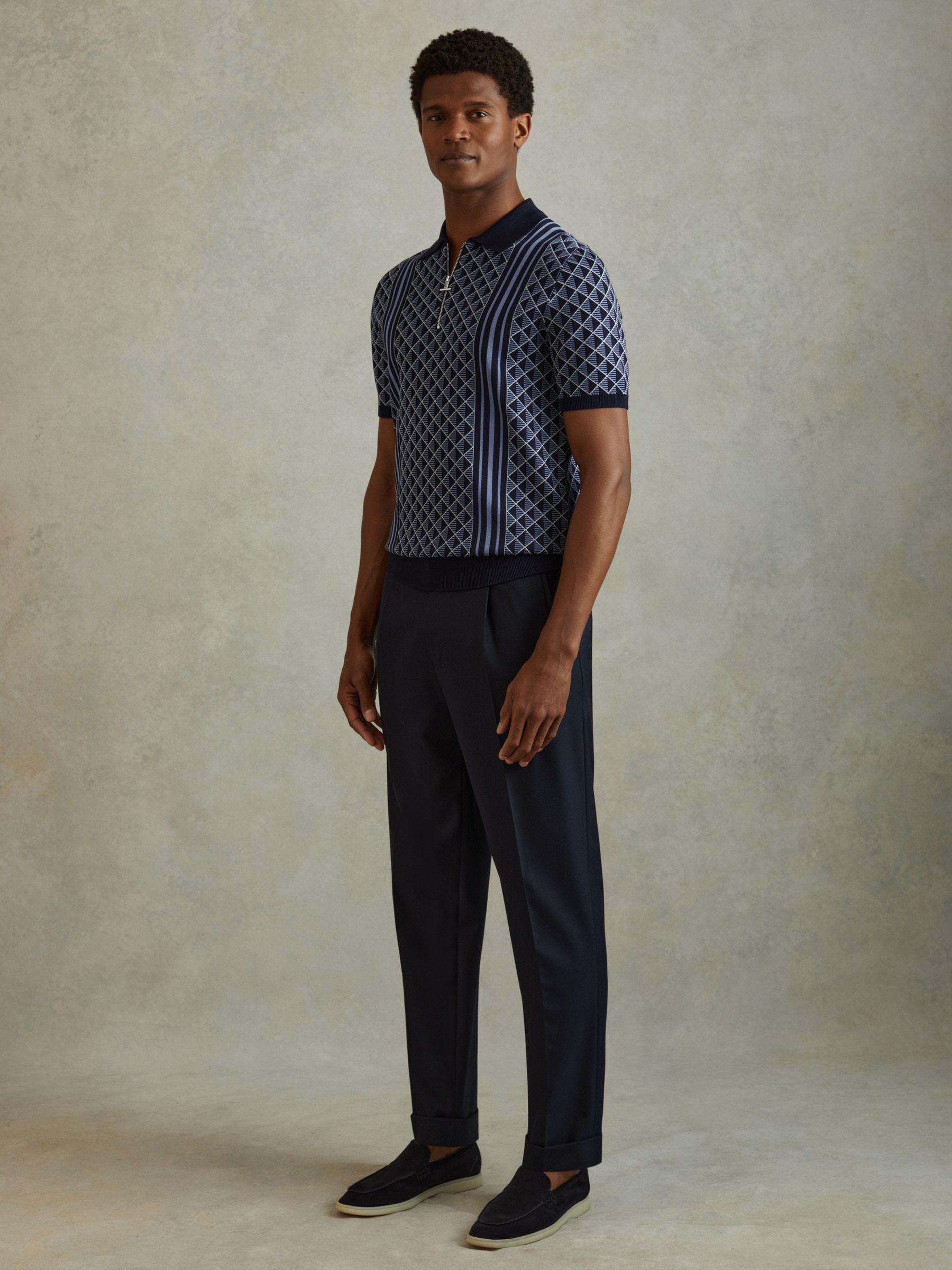Half-Zip Diamond Stitch Polo Shirt in Navy - Image 3 of 5