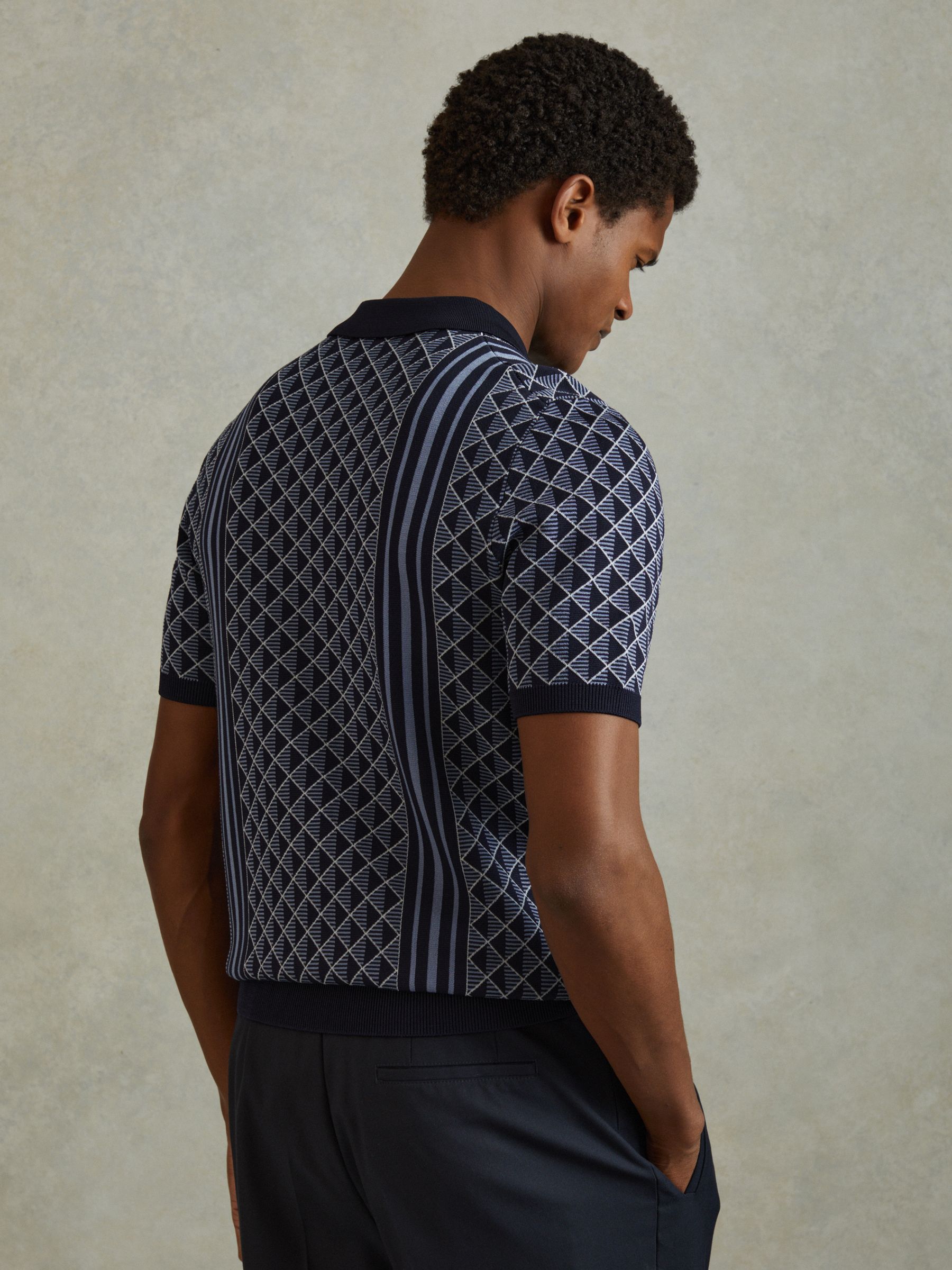 Half-Zip Diamond Stitch Polo Shirt in Navy - Image 4 of 5