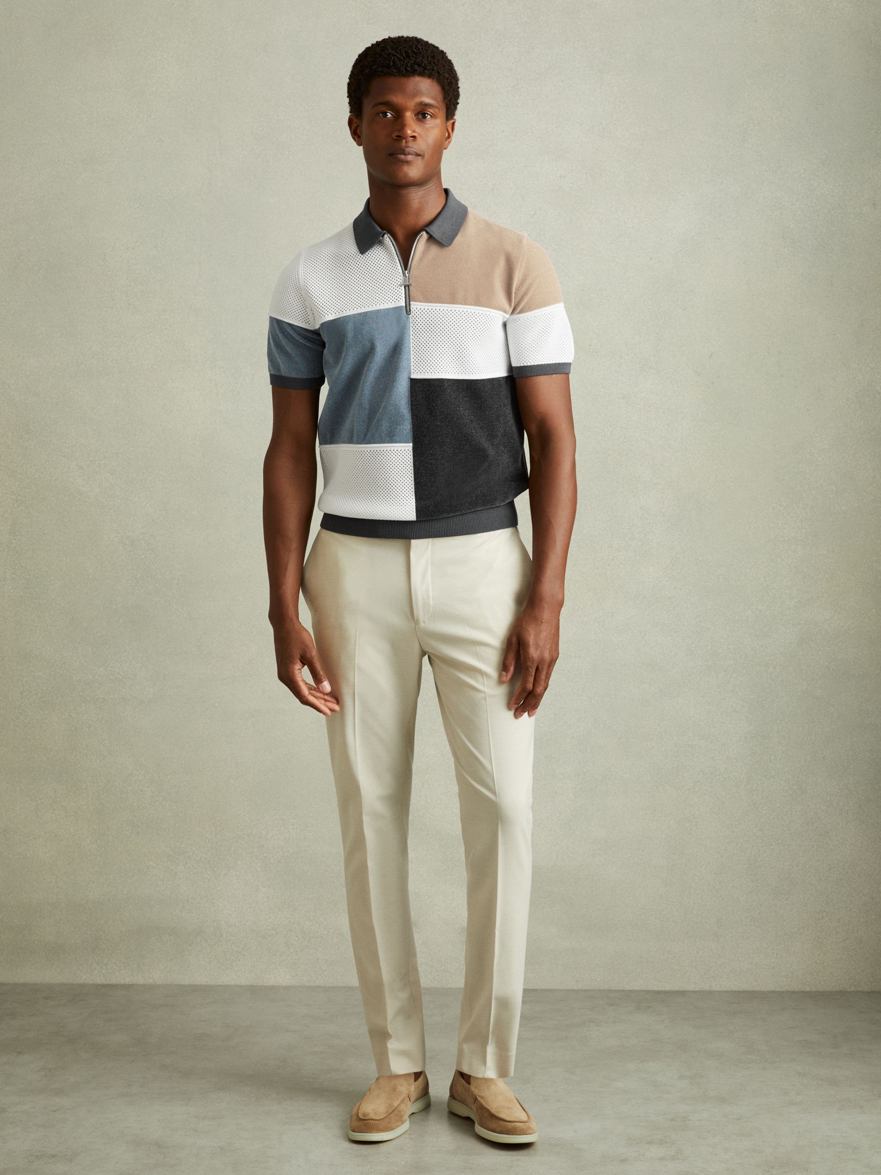 Hybrid Velour Half-Zip Polo Shirt in Steel Blue - Image 1 of 5