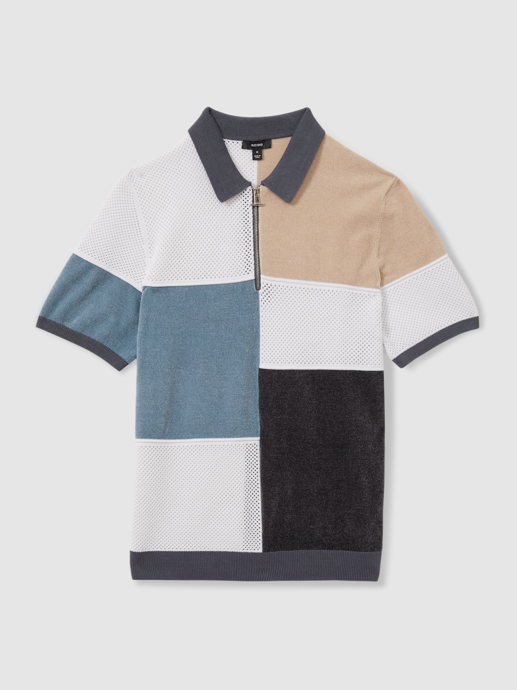 Hybrid Velour Half-Zip Polo Shirt in Steel Blue - Image 2 of 5