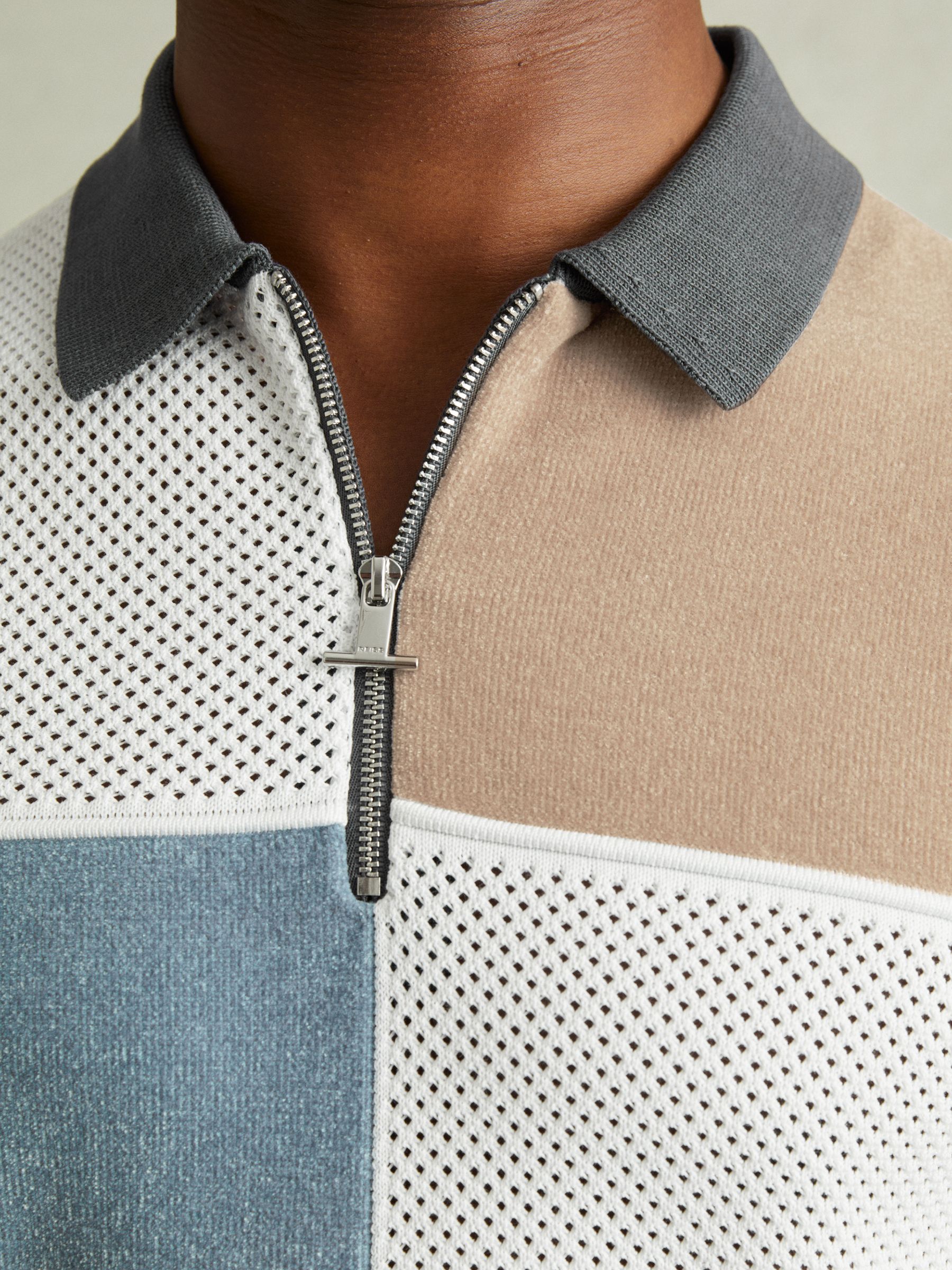 Hybrid Velour Half-Zip Polo Shirt in Steel Blue - Image 3 of 5