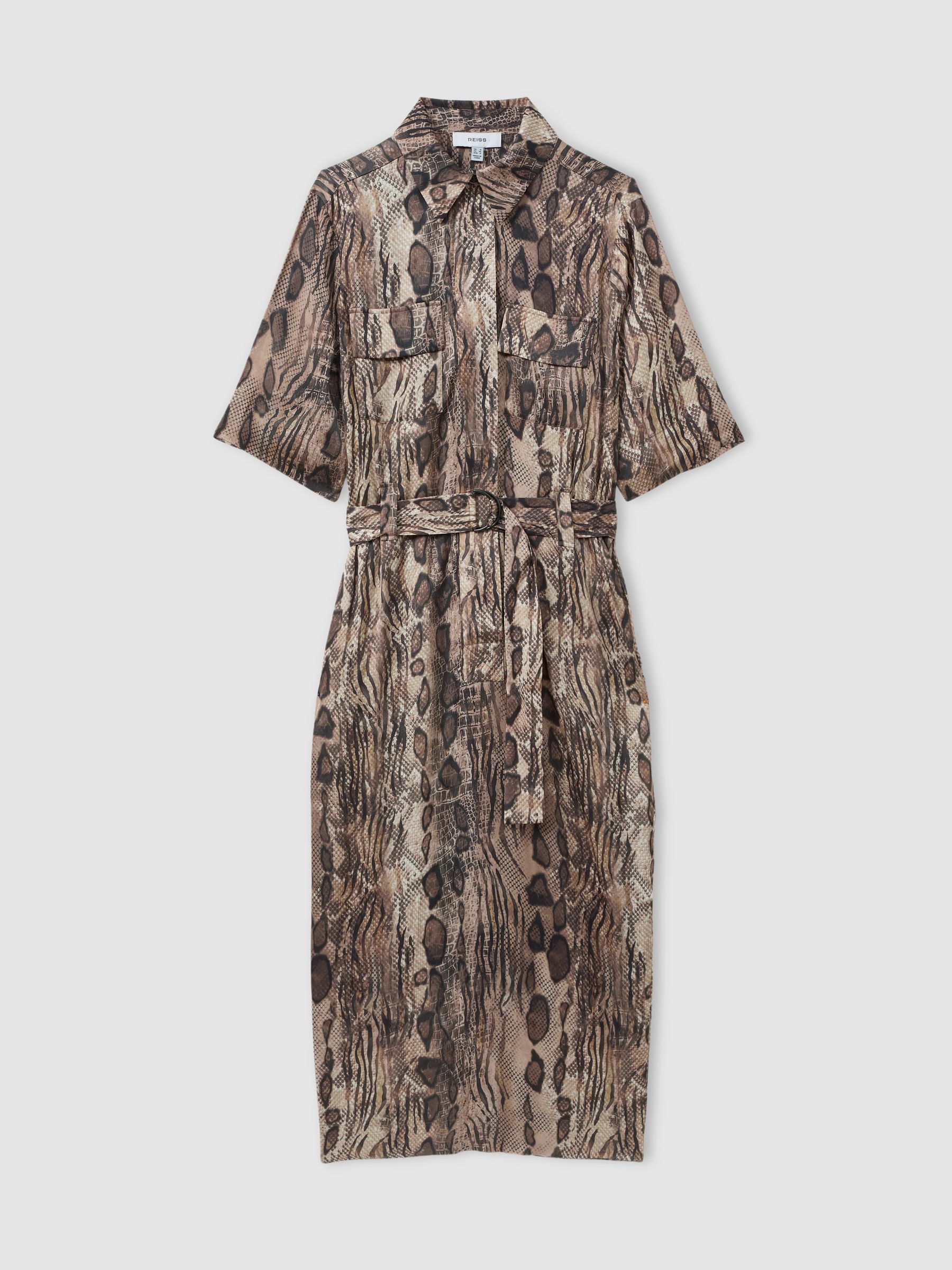 Snake Print Belted Midi Dress in Neutral - Image 2 of 5