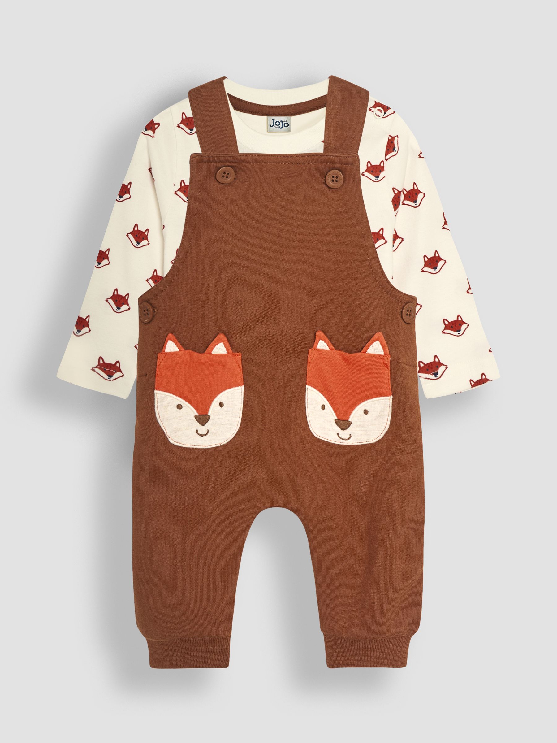 Toffee Brown Fox Appliqué Pocket Dungarees and Top Set - Image 1 of 6