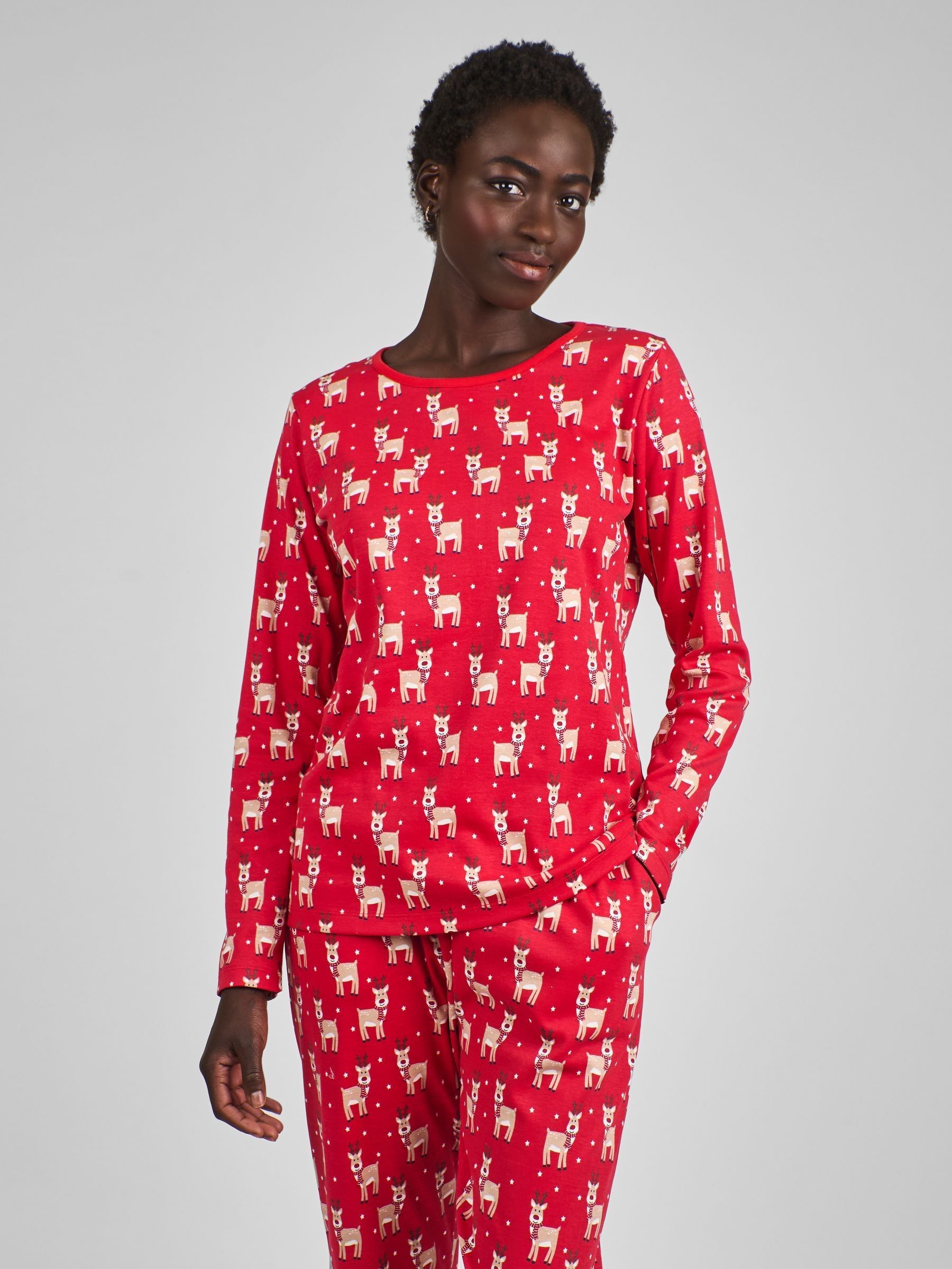 Red Womens Reindeer Print Pyjamas Set - Image 1 of 4