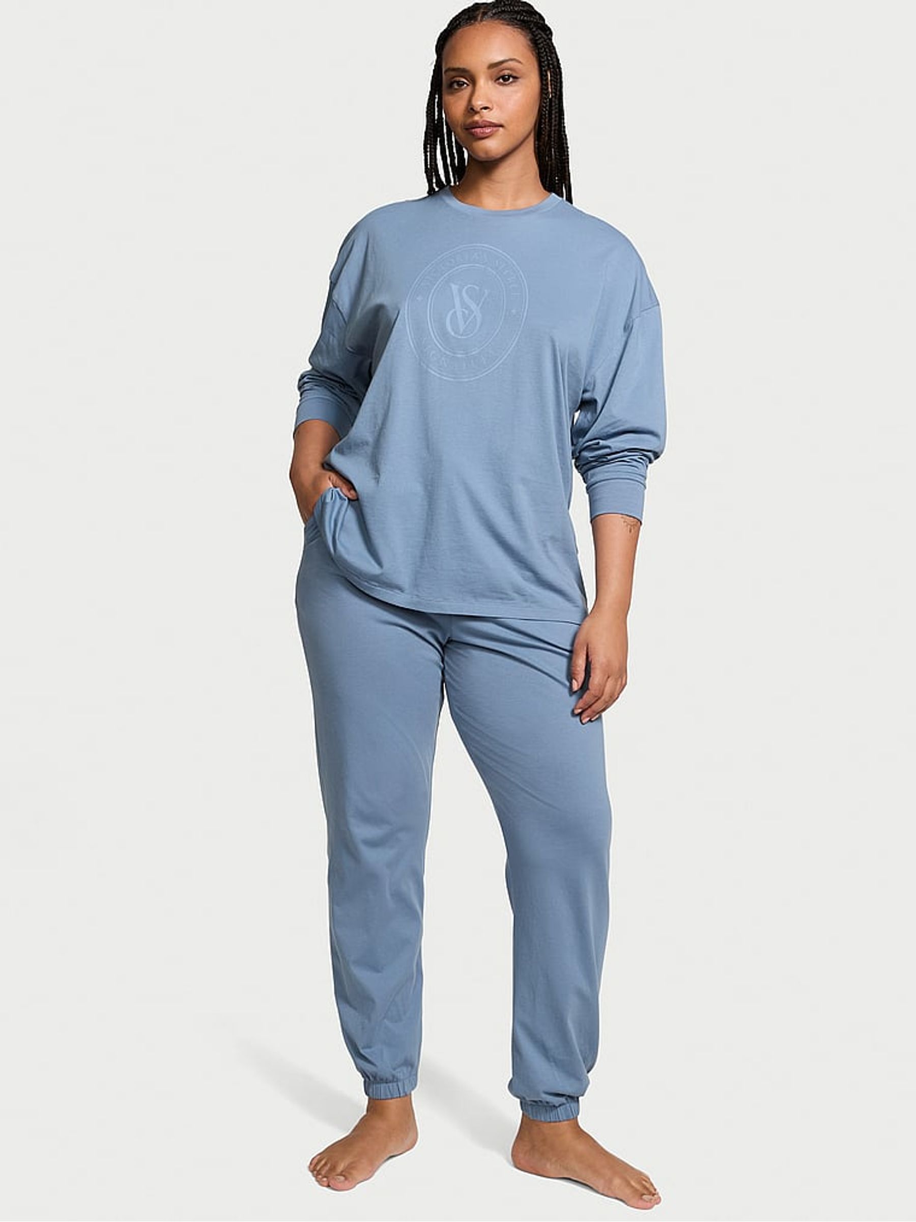 Blue Faded Denim Cotton Long Pyjama Set - Image 1 of 3