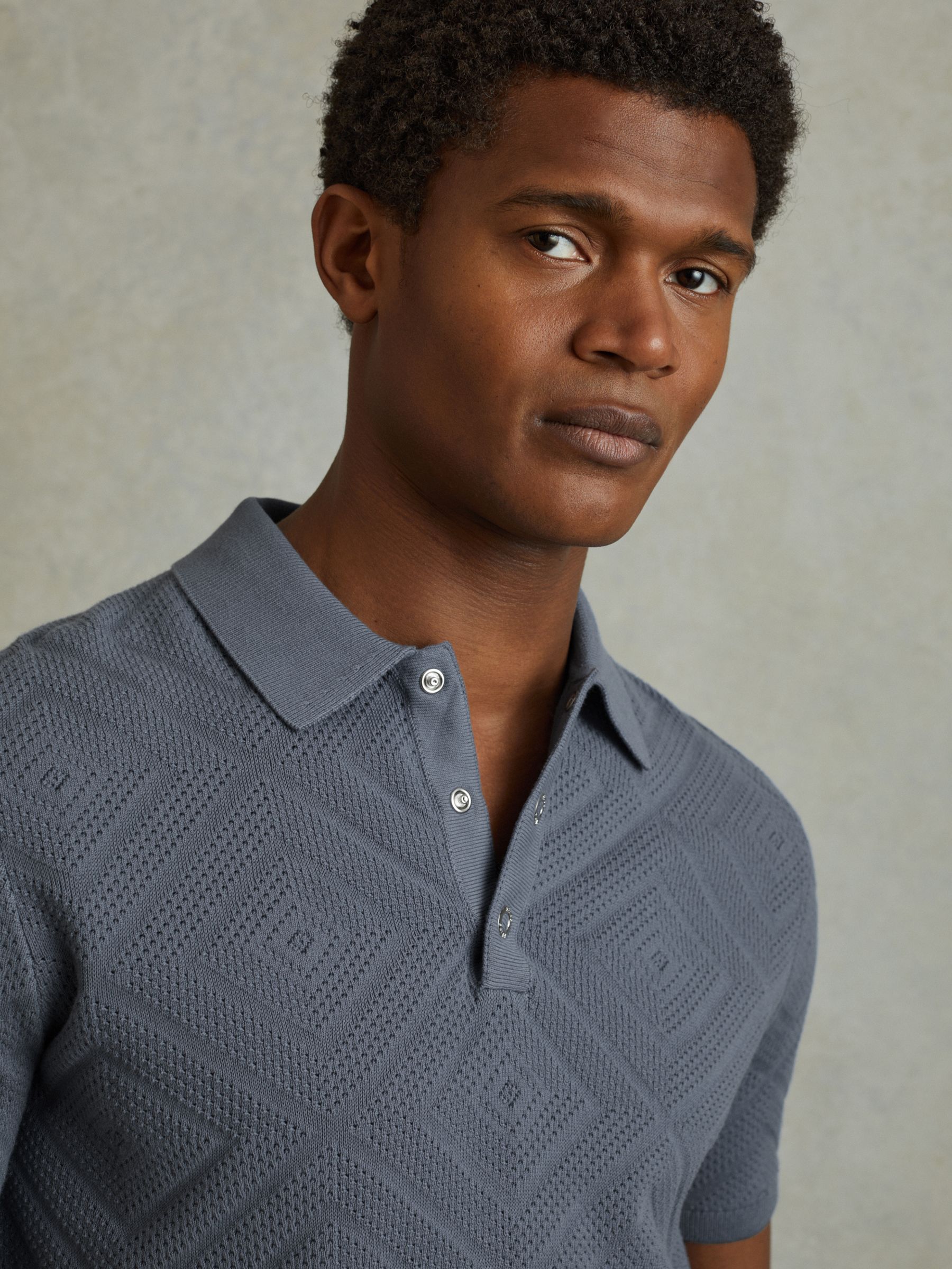 Cotton Textured Press-Stud Polo Shirt in Airforce Blue - Image 4 of 6