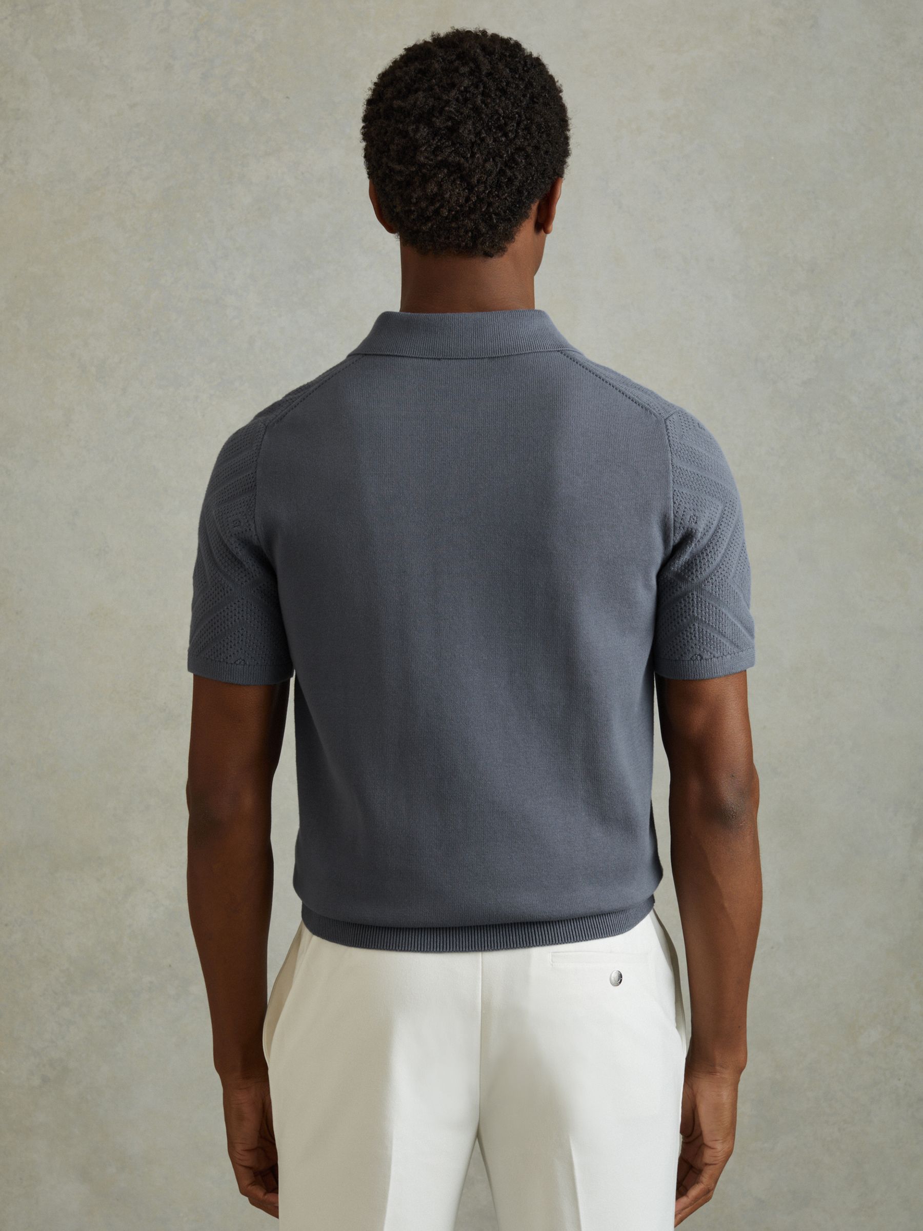 Cotton Textured Press-Stud Polo Shirt in Airforce Blue - Image 5 of 6