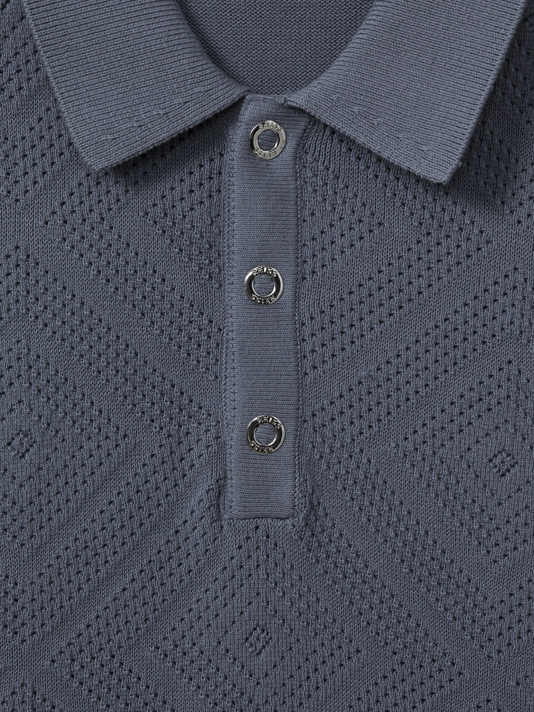 Cotton Textured Press-Stud Polo Shirt in Airforce Blue - Image 6 of 6