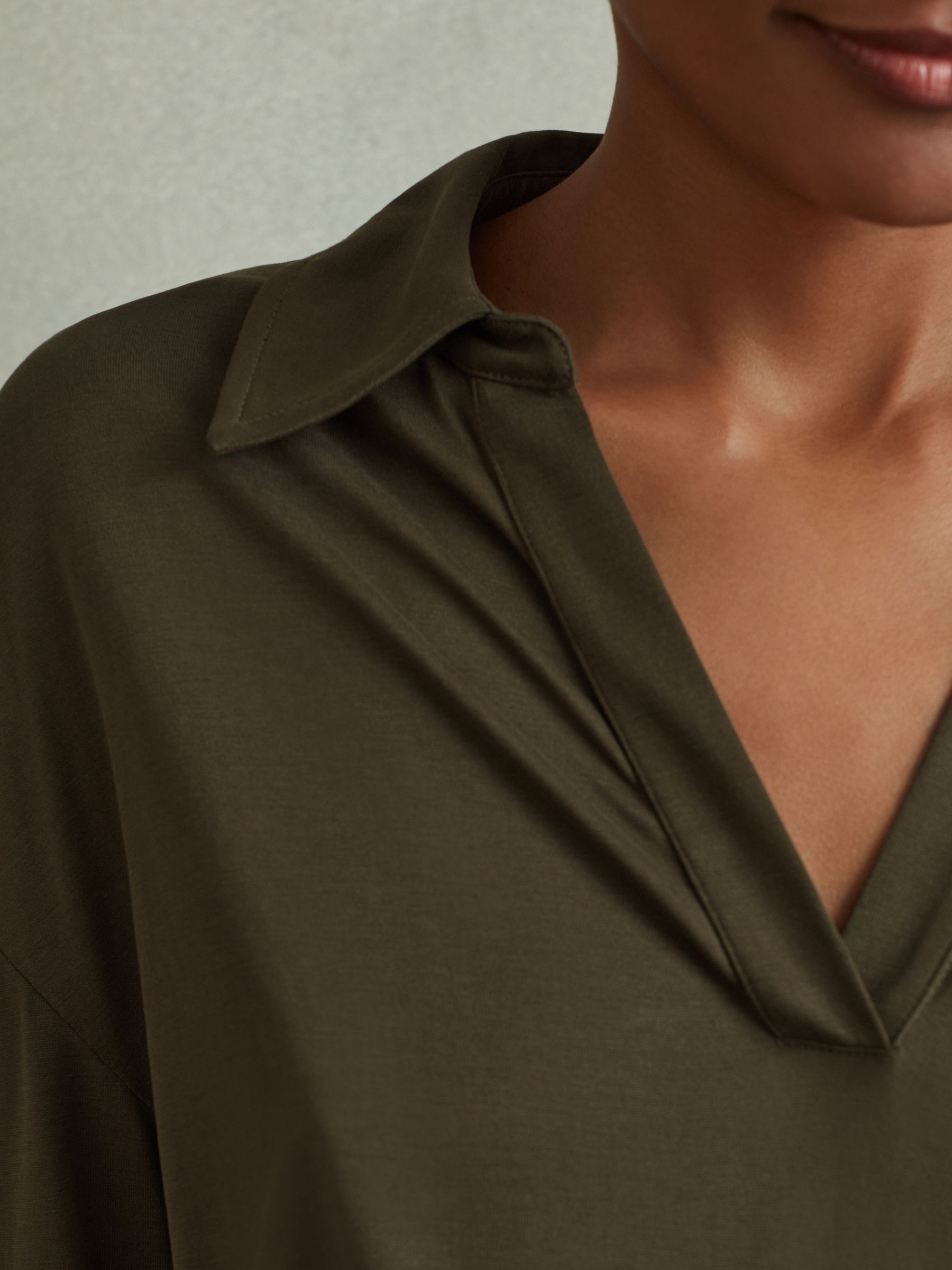 Victoria Khaki Ruched Jersey Open-Collar Mini Dress - Image 5 of 6