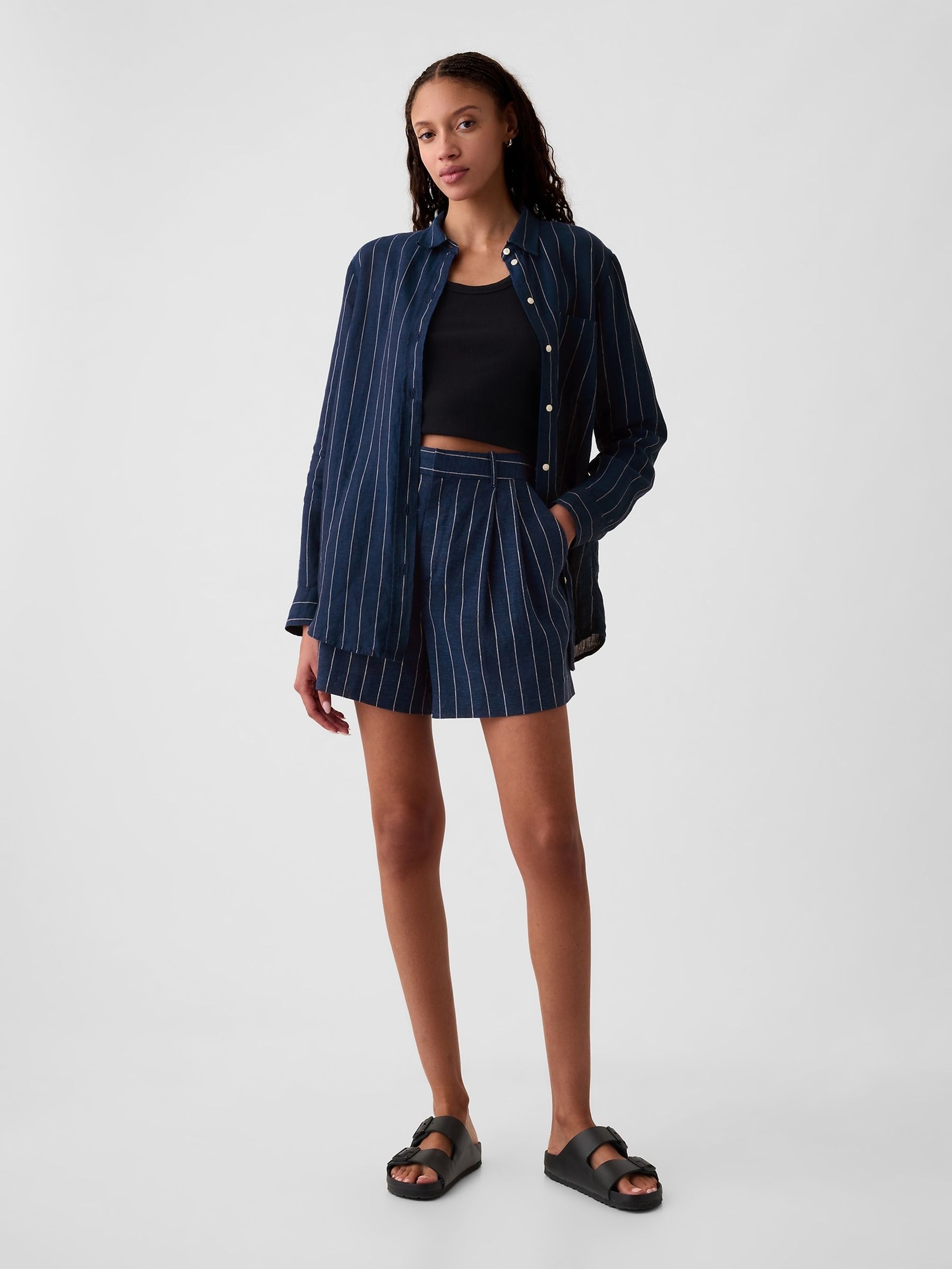 Navy Blue Pinstripe 4" Linen Cotton Everyday Shorts - Image 4 of 5