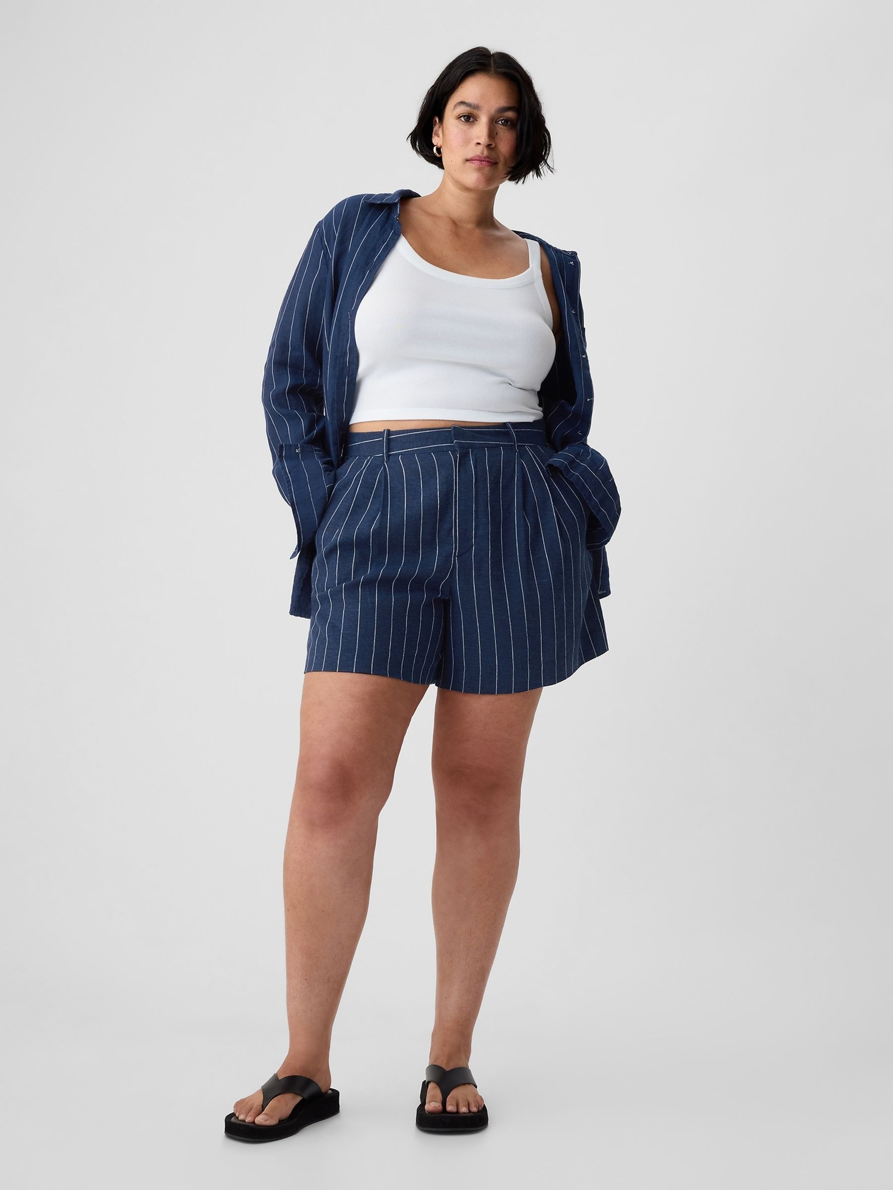 Navy Blue Pinstripe 4" Linen Cotton Everyday Shorts - Image 5 of 5