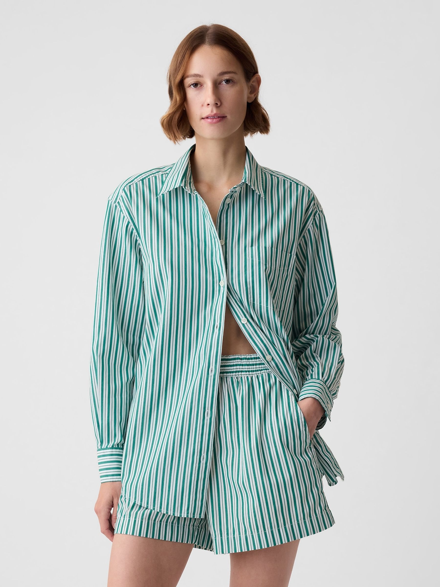 Green Stripe Organic Cotton Oversized Long Sleeve Shirt - Image 1 of 4